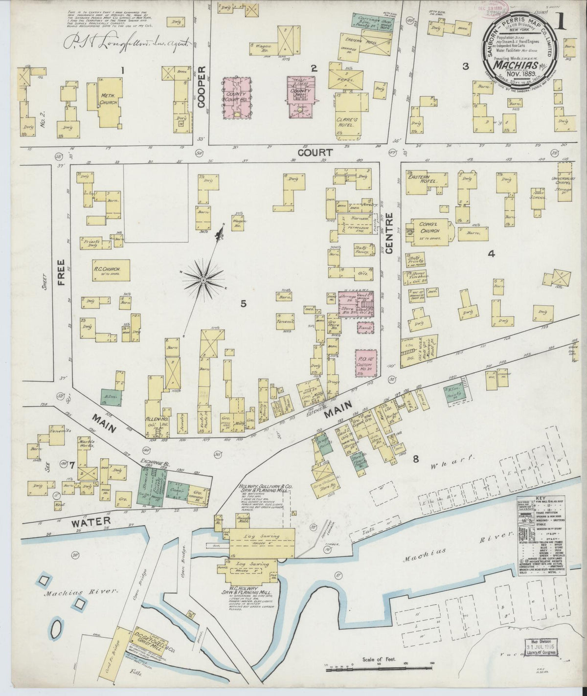 Sanborn Fire Insurance Map from Machias, Washington County, Maine (1889), Sheet #0001 - Complete Map Set gallery image, historic Sanborn map, vintage wall art, Maine Maine