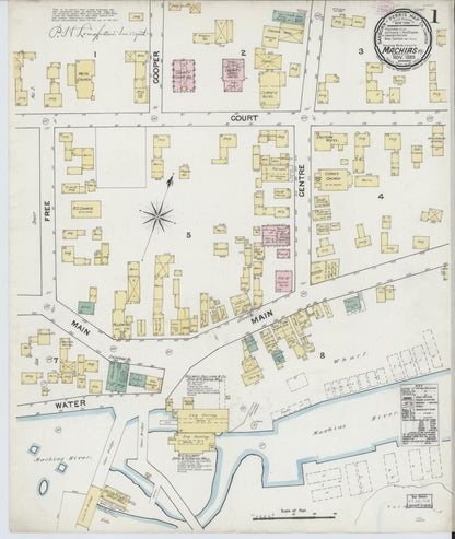 Sanborn Fire Insurance Map from Machias, Washington County, Maine (1889), Sheet #0001 - Complete Map Set gallery image, historic Sanborn map, vintage wall art, Maine Maine
