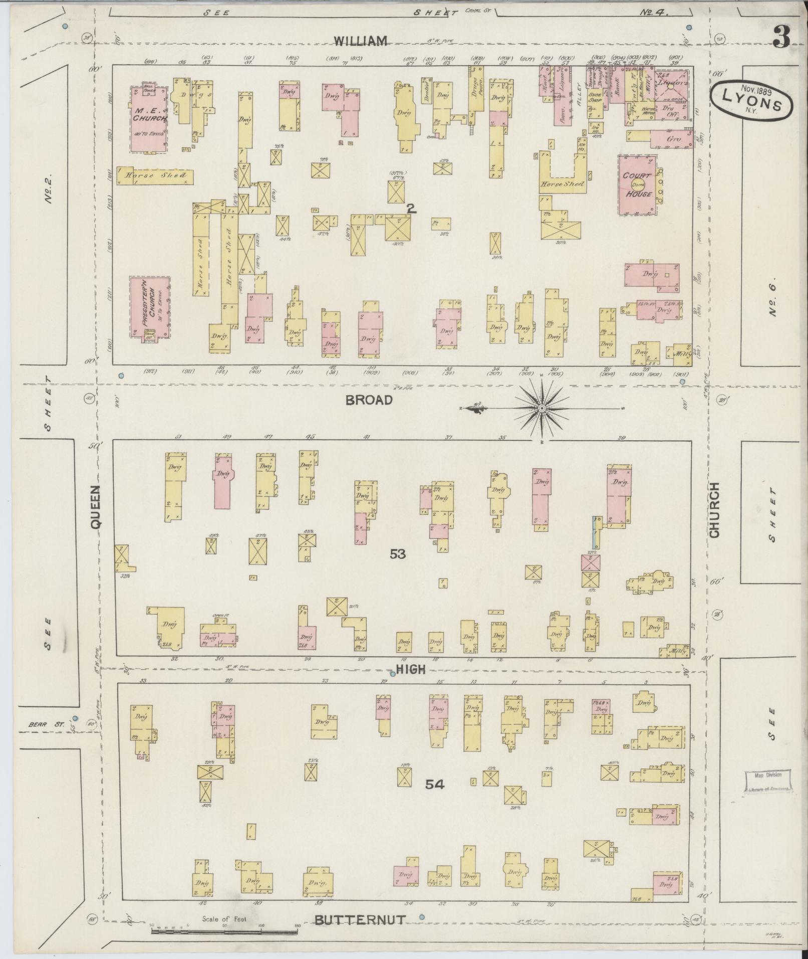 Sanborn Fire Insurance Map from Lyons, Wayne County, New York (1889), Sheet #0003 - Complete Map Set gallery image, historic Sanborn map, vintage wall art, New York New York