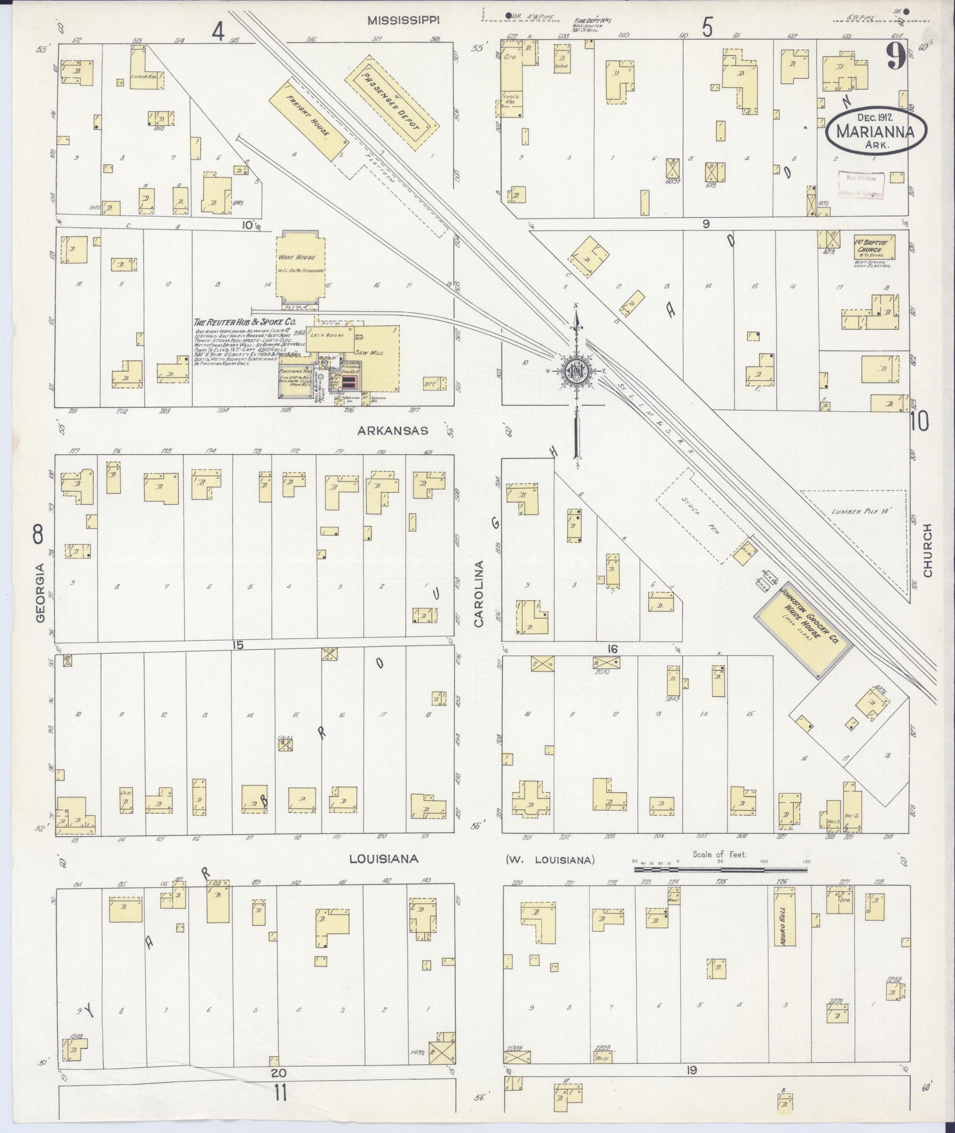 Sanborn Fire Insurance Map from Marianna, Lee County, Arkansas (1912), Sheet #0009 - Historic Sanborn Fire Insurance Map Print, vintage old map wall art, antique decor, genealogy gift, Arkansas Arkansas map