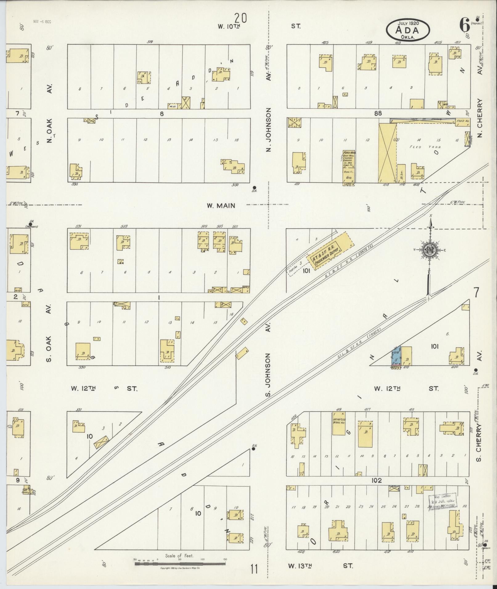 Sanborn Fire Insurance Map from Ada, Pontotoc County, Oklahoma (1920), Sheet #0006 - Historic Sanborn Fire Insurance Map Print, vintage old map wall art, antique decor, genealogy gift, Oklahoma Oklahoma map