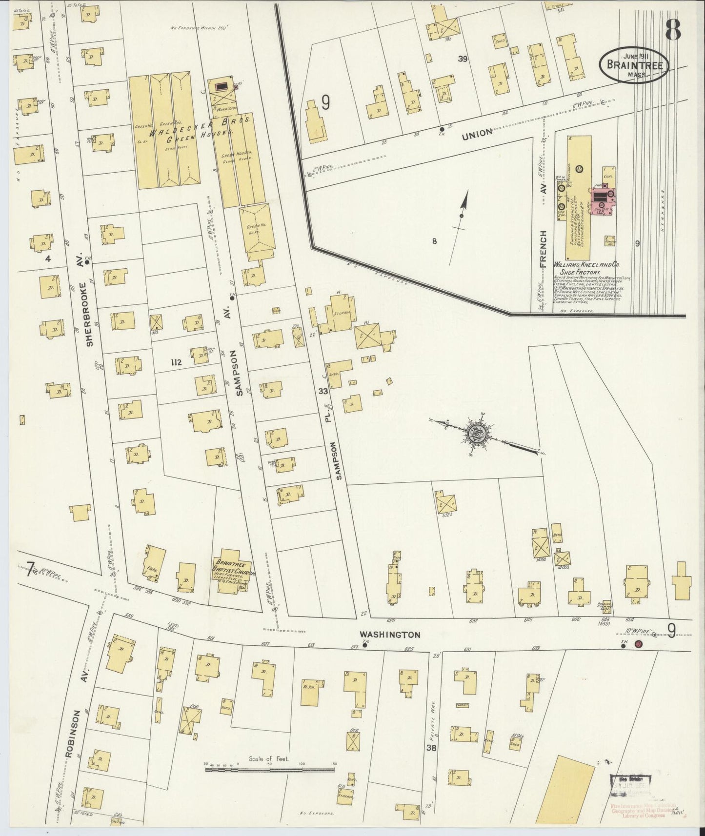 Sanborn Fire Insurance Map from Braintree, Norfolk County, Massachusetts (1911), Sheet #0008 - Complete Map Set gallery image, historic Sanborn map, vintage wall art, Massachusetts Massachusetts