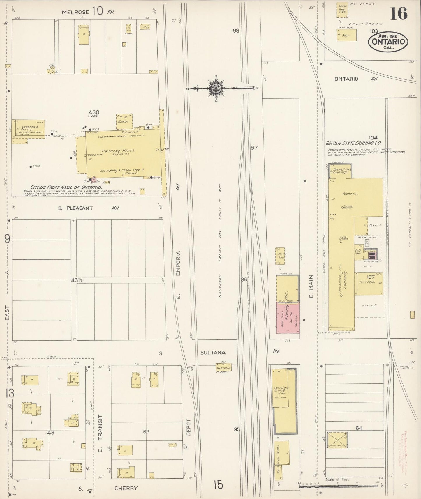 Sanborn Fire Insurance Map from Ontario, San Bernardino County, California (1912), Sheet #0016 - Complete Map Set gallery image, historic Sanborn map, vintage wall art, California California