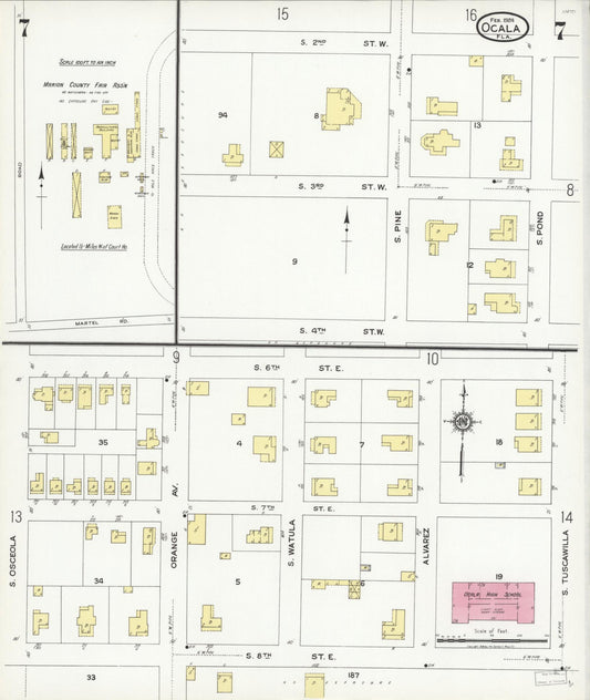 Sanborn Fire Insurance Map from Ocala, Marion County, Florida (1924), Sheet #0007 - Historic Sanborn Fire Insurance Map Print, vintage old map wall art, antique decor, genealogy gift, Florida Florida map