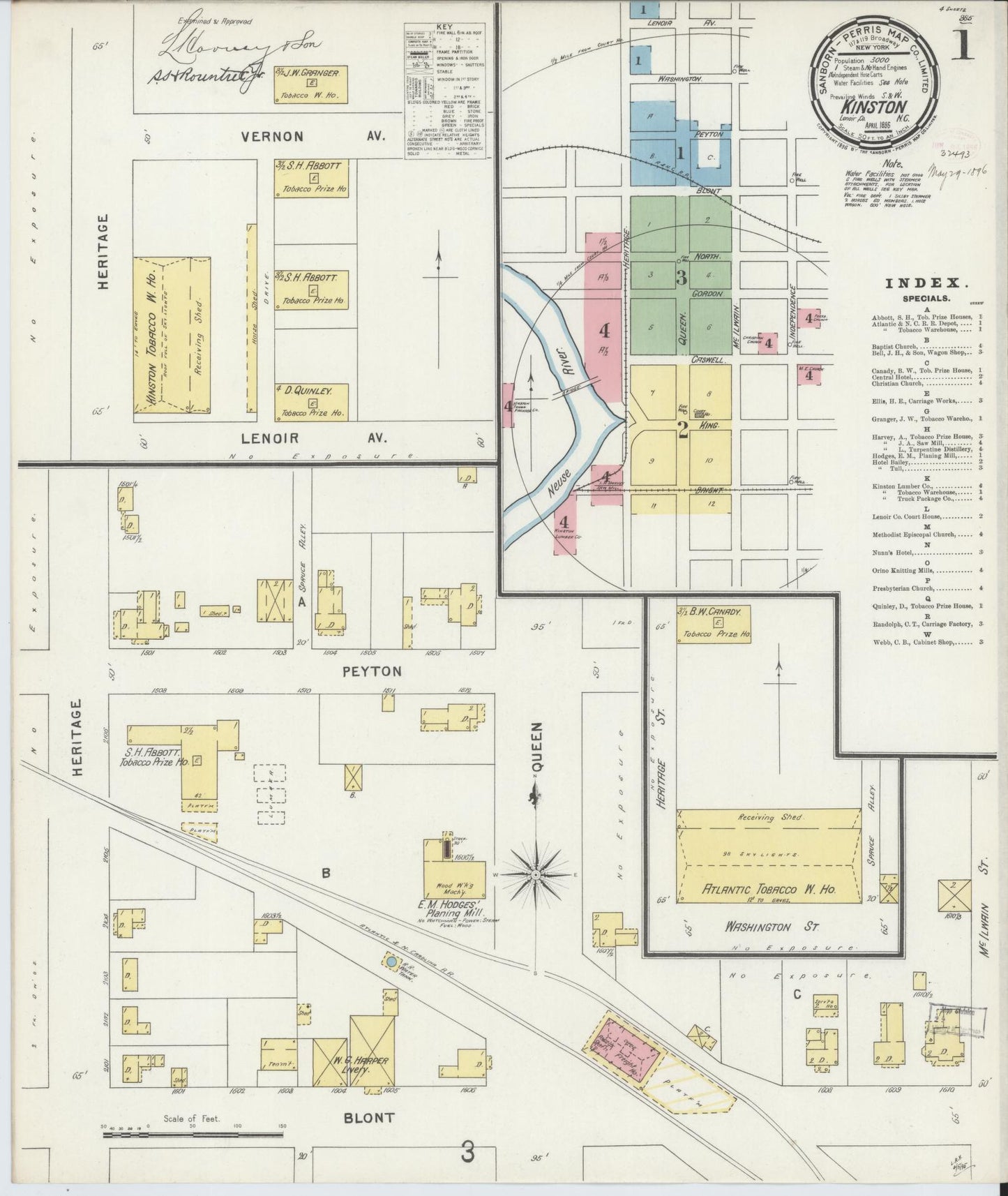 Sanborn Fire Insurance Map from Kinston, Lenoir County, North Carolina (1896), Sheet #0001 - Complete Map Set gallery image, historic Sanborn map, vintage wall art, North Carolina North Carolina