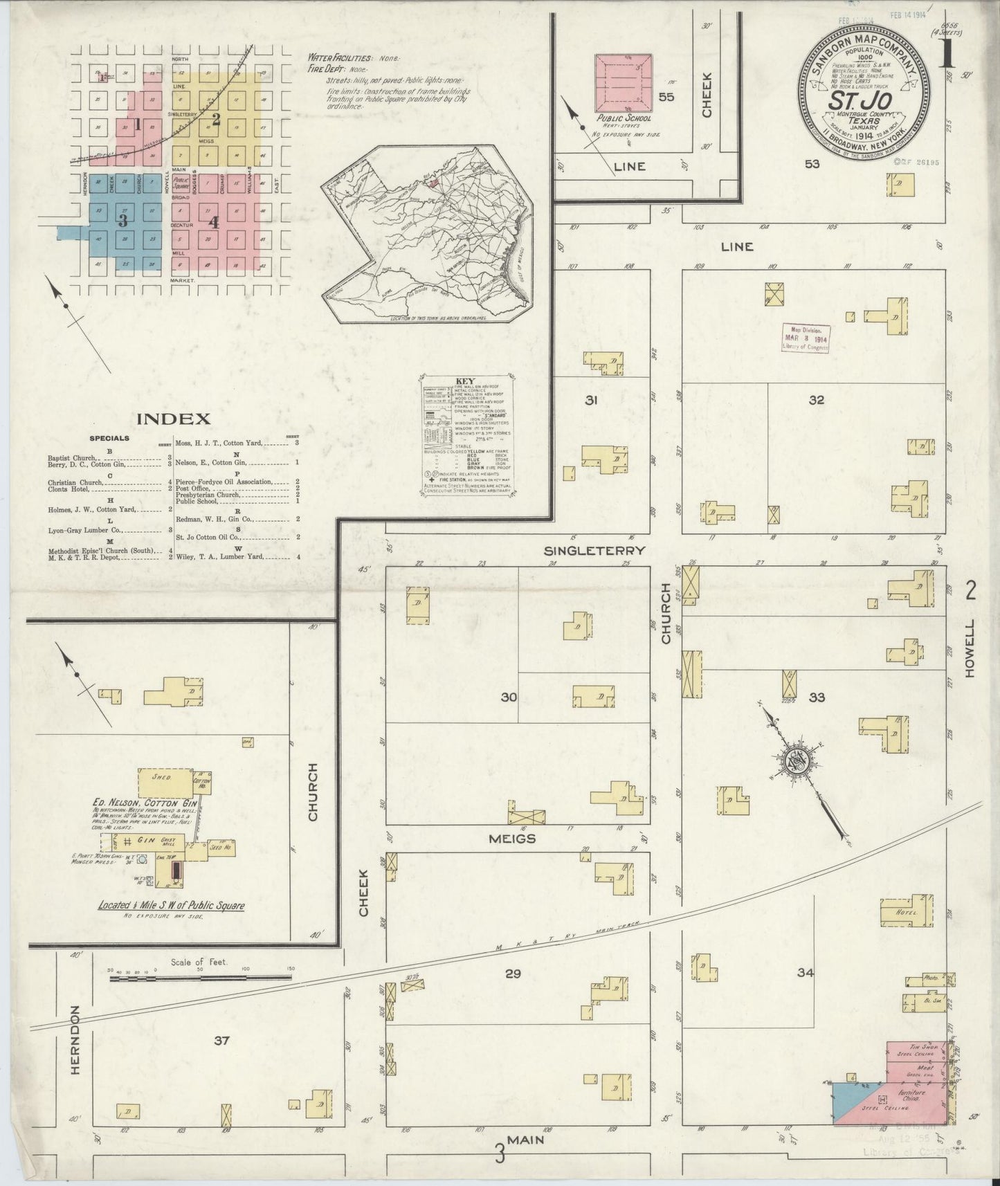Sanborn Fire Insurance Map from Saint Jo, Montague County, Texas (1914), Sheet #0001 - Complete Map Set gallery image, historic Sanborn map, vintage wall art, Texas Texas