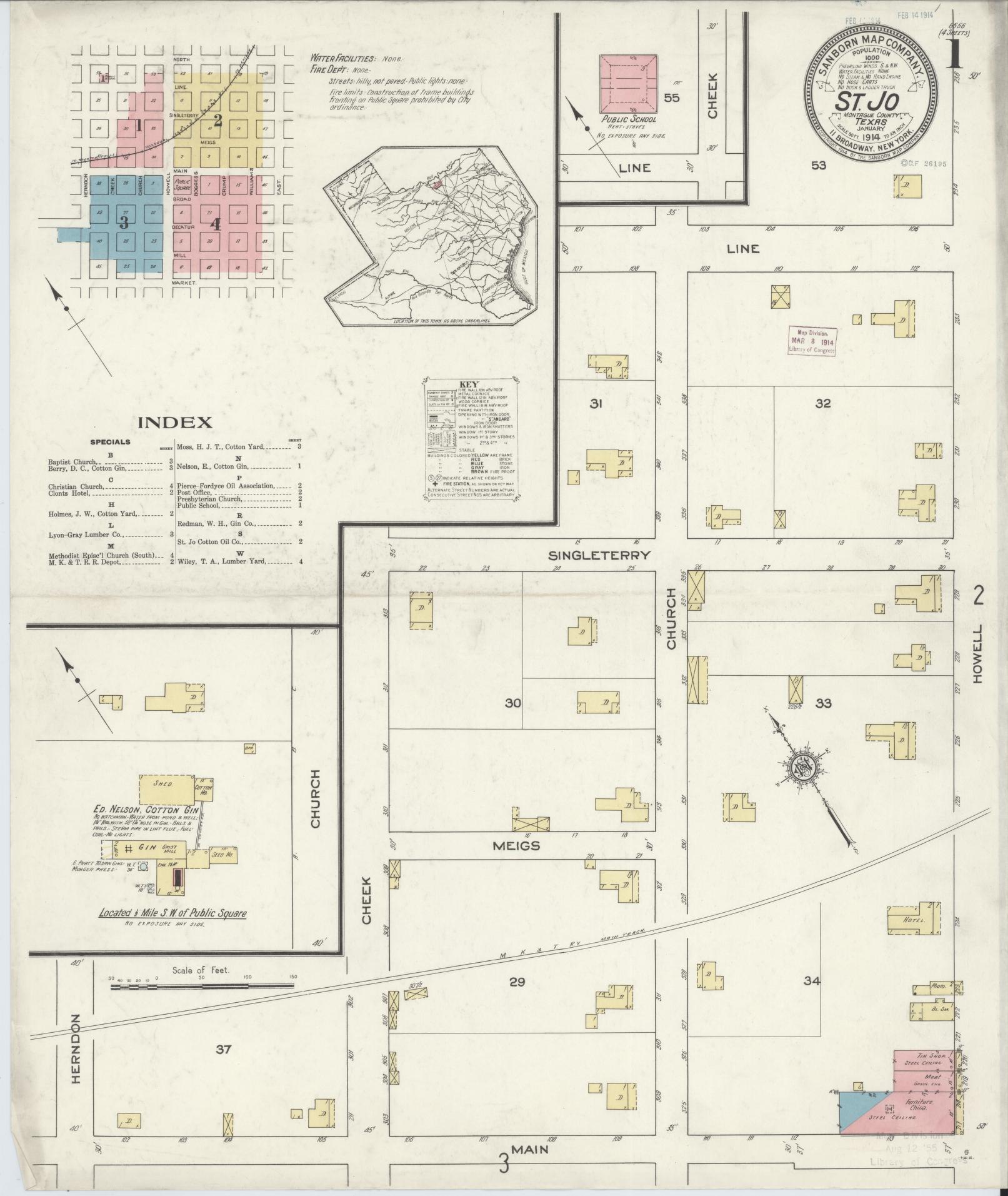 Sanborn Fire Insurance Map from Saint Jo, Montague County, Texas (1914), Sheet #0001 - Complete Map Set gallery image, historic Sanborn map, vintage wall art, Texas Texas