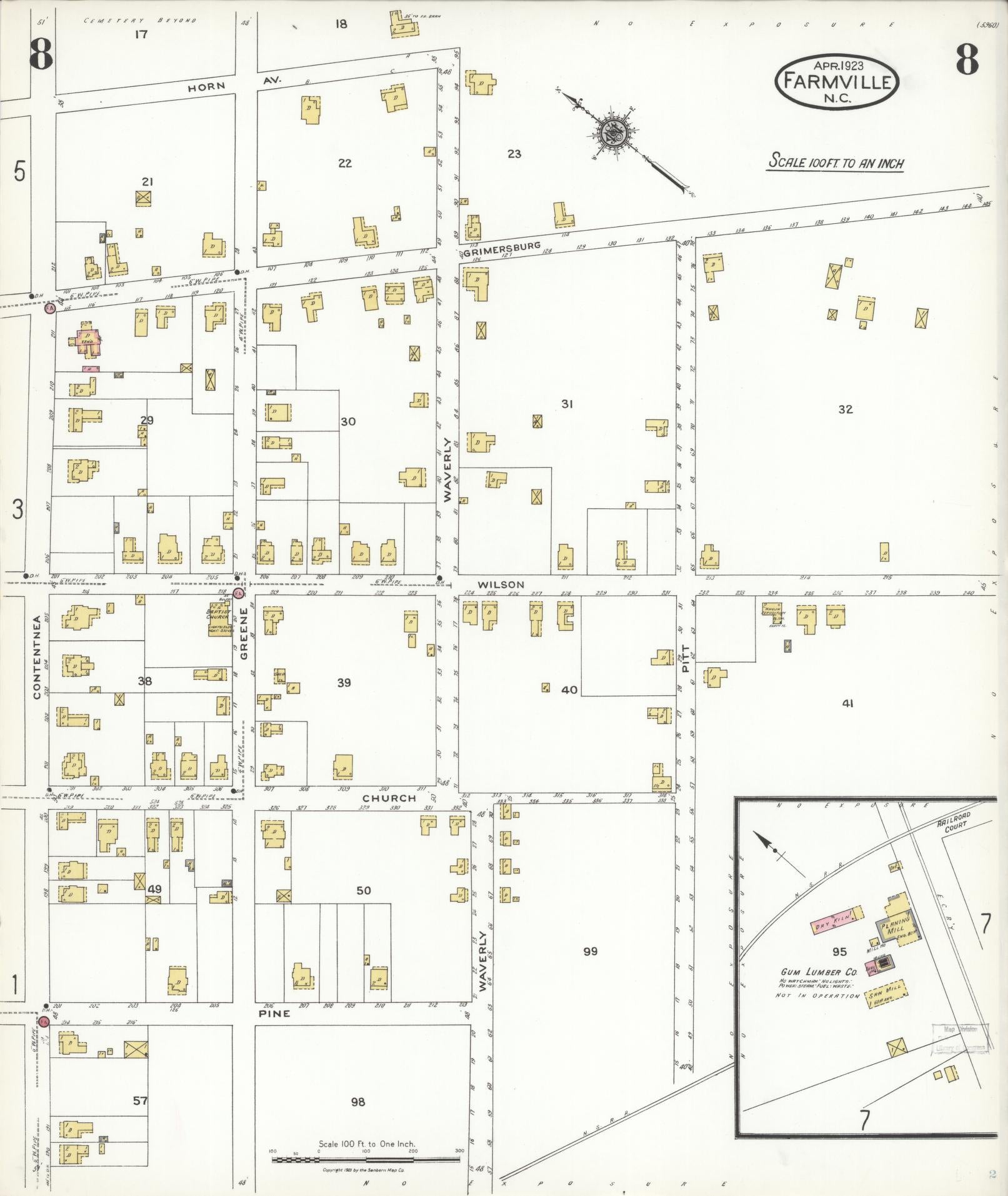 Sanborn Fire Insurance Map from Farmville, Pitt County, North Carolina (1923), Sheet #0008 - Historic Sanborn Fire Insurance Map Print, vintage old map wall art, antique decor, genealogy gift, North Carolina North Carolina map