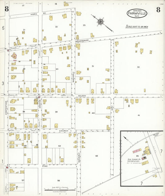 Sanborn Fire Insurance Map from Farmville, Pitt County, North Carolina (1923), Sheet #0008 - Historic Sanborn Fire Insurance Map Print, vintage old map wall art, antique decor, genealogy gift, North Carolina North Carolina map