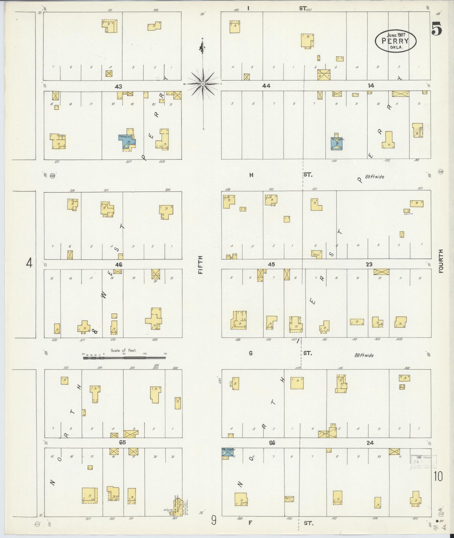 Sanborn Fire Insurance Map from Perry, Noble County, Oklahoma (1907), Sheet #0005 - Complete Map Set gallery image, historic Sanborn map, vintage wall art, Oklahoma Oklahoma