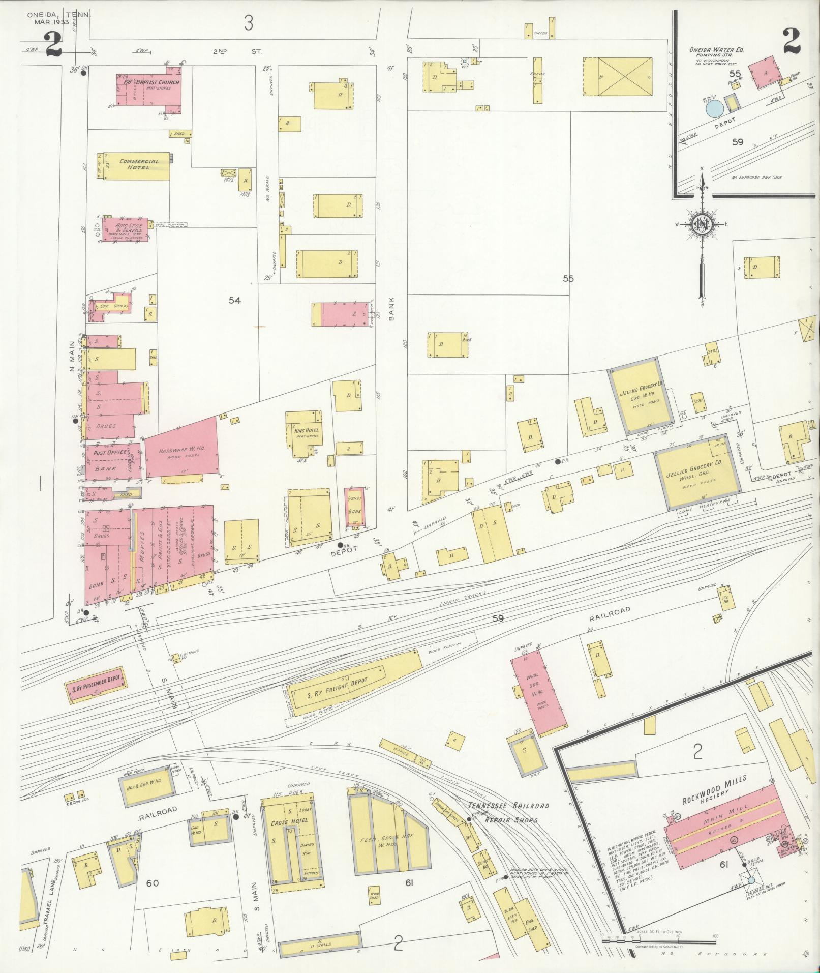 Sanborn Fire Insurance Map from Oneida, Scott County, Tennessee (1933), Sheet #0002 - Complete Map Set gallery image, historic Sanborn map, vintage wall art, Tennessee Tennessee