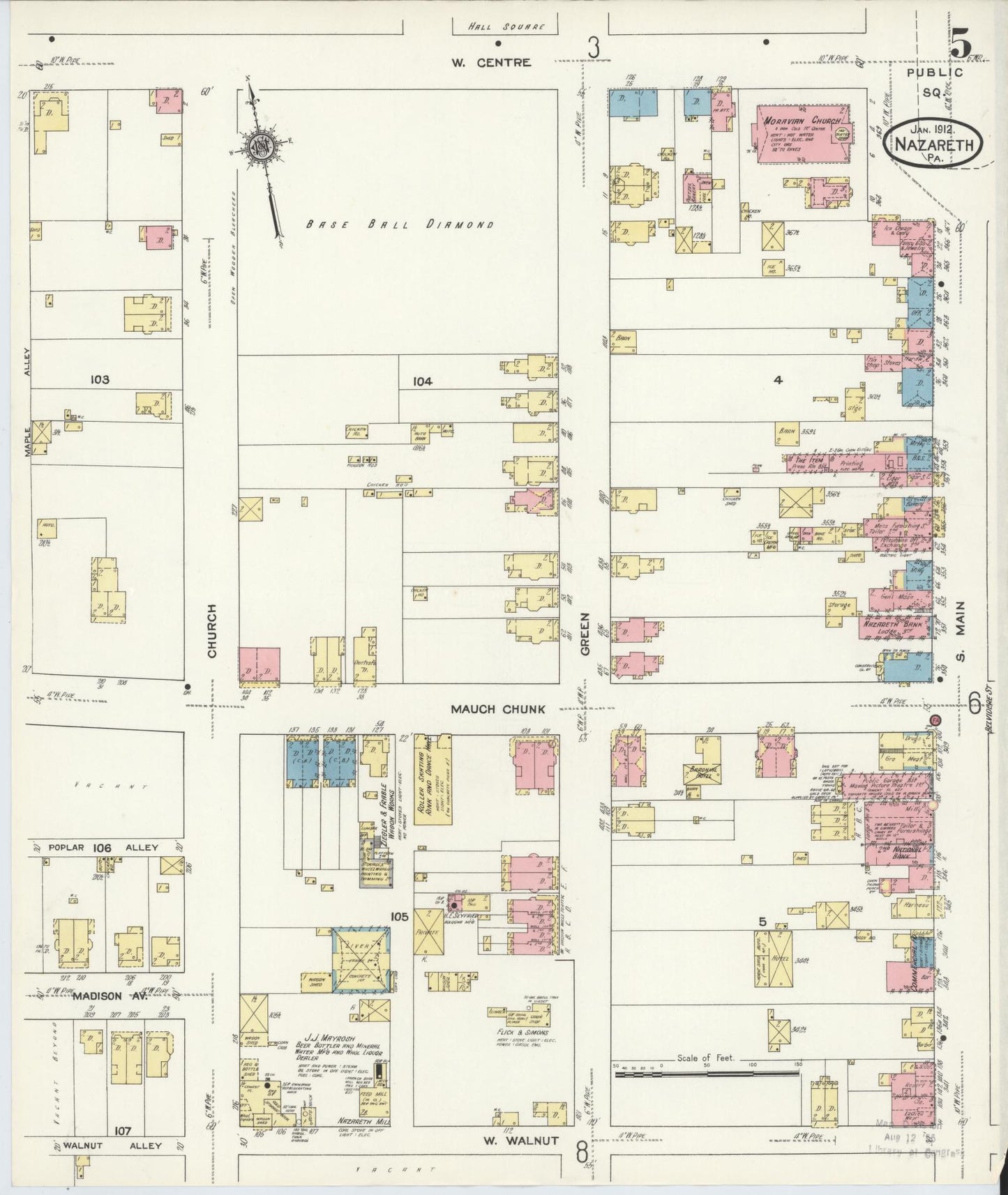 Sanborn Fire Insurance Map from Nazareth, Northampton County, Pennsylvania (1912), Sheet #0005 - Historic Sanborn Fire Insurance Map Print, vintage old map wall art, antique decor, genealogy gift, Pennsylvania Pennsylvania map