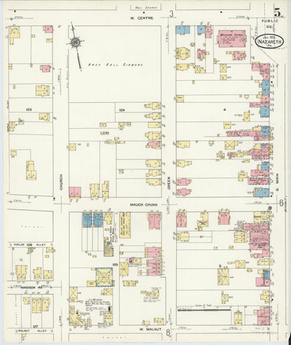 Sanborn Fire Insurance Map from Nazareth, Northampton County, Pennsylvania (1912), Sheet #0005 - Historic Sanborn Fire Insurance Map Print, vintage old map wall art, antique decor, genealogy gift, Pennsylvania Pennsylvania map