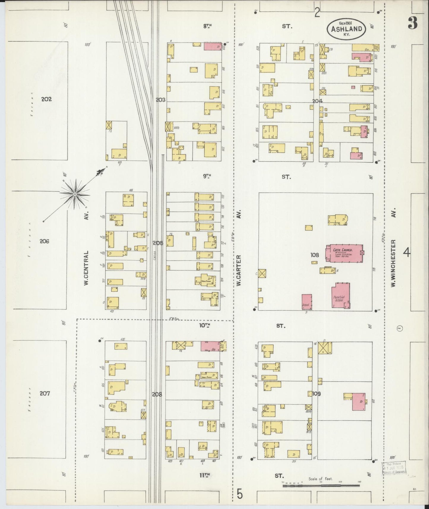 Sanborn Fire Insurance Map from Ashland, Boyd County, Kentucky (1901), Sheet #0003 - Historic Sanborn Fire Insurance Map Print, vintage old map wall art, antique decor, genealogy gift, Kentucky Kentucky map