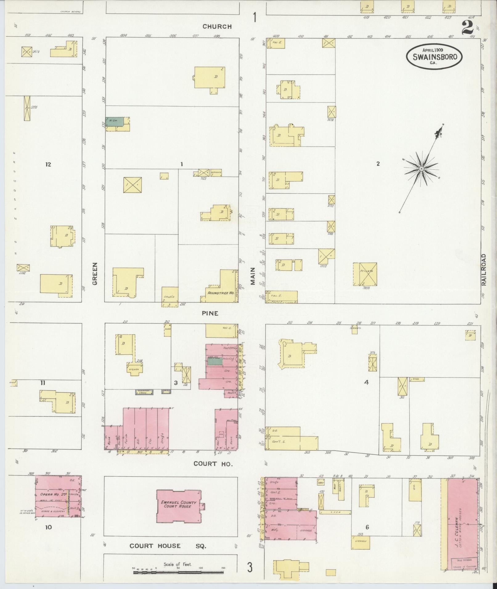 Sanborn Fire Insurance Map from Swainsboro, Emanuel County, Georgia (1909), Sheet #0002 - Historic Sanborn Fire Insurance Map Print, vintage old map wall art, antique decor, genealogy gift, Georgia Georgia map