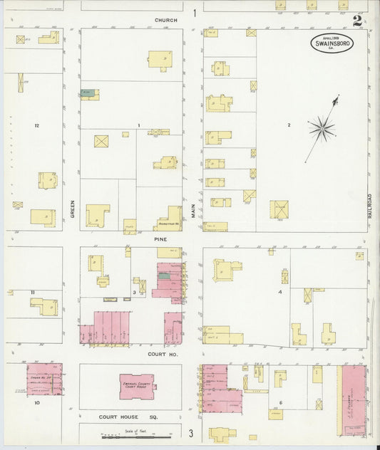 Sanborn Fire Insurance Map from Swainsboro, Emanuel County, Georgia (1909), Sheet #0002 - Historic Sanborn Fire Insurance Map Print, vintage old map wall art, antique decor, genealogy gift, Georgia Georgia map