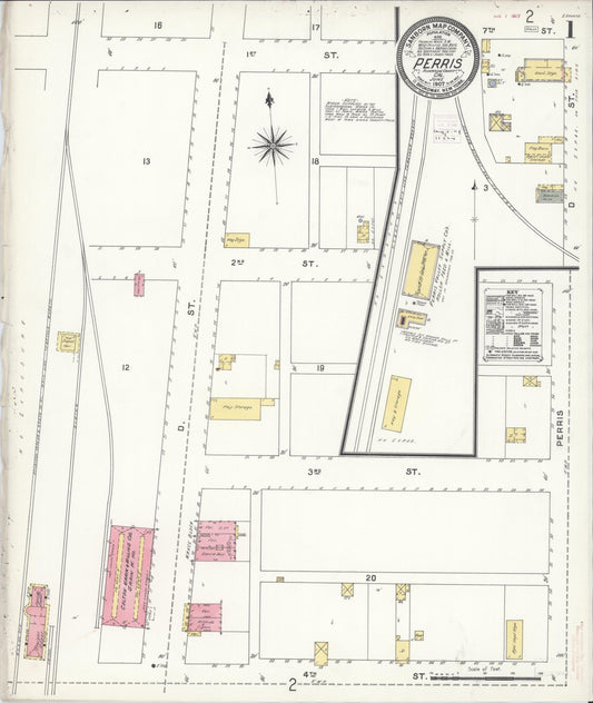 Sanborn Fire Insurance Map from Perris, Riverside County, California (1907), Sheet #0001 - Complete Map Set gallery image, historic Sanborn map, vintage wall art, California California
