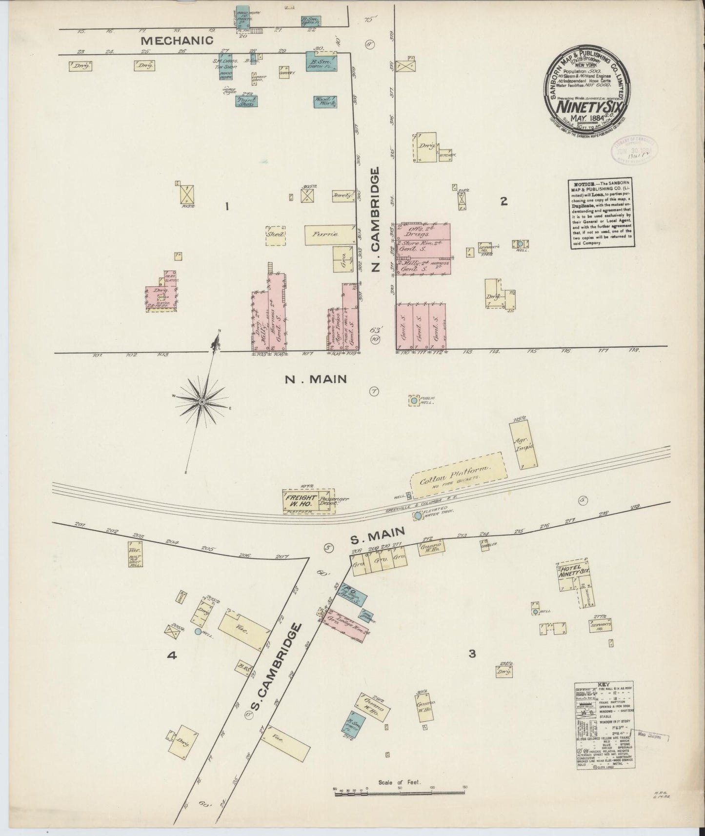 Sanborn Fire Insurance Map from Ninety Six, Greenwood County, South Carolina (1884), Sheet #0001 - Historic Sanborn Fire Insurance Map Print, vintage old map wall art, antique decor, genealogy gift, South Carolina South Carolina map