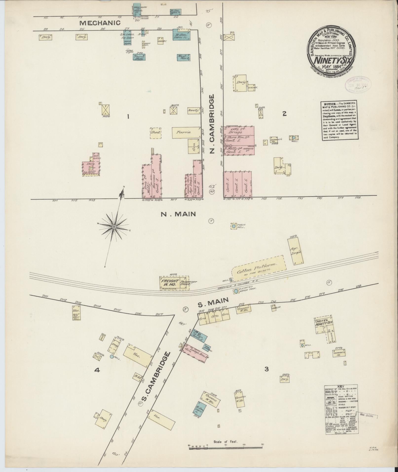 Sanborn Fire Insurance Map from Ninety Six, Greenwood County, South Carolina (1884), Sheet #0001 - Historic Sanborn Fire Insurance Map Print, vintage old map wall art, antique decor, genealogy gift, South Carolina South Carolina map