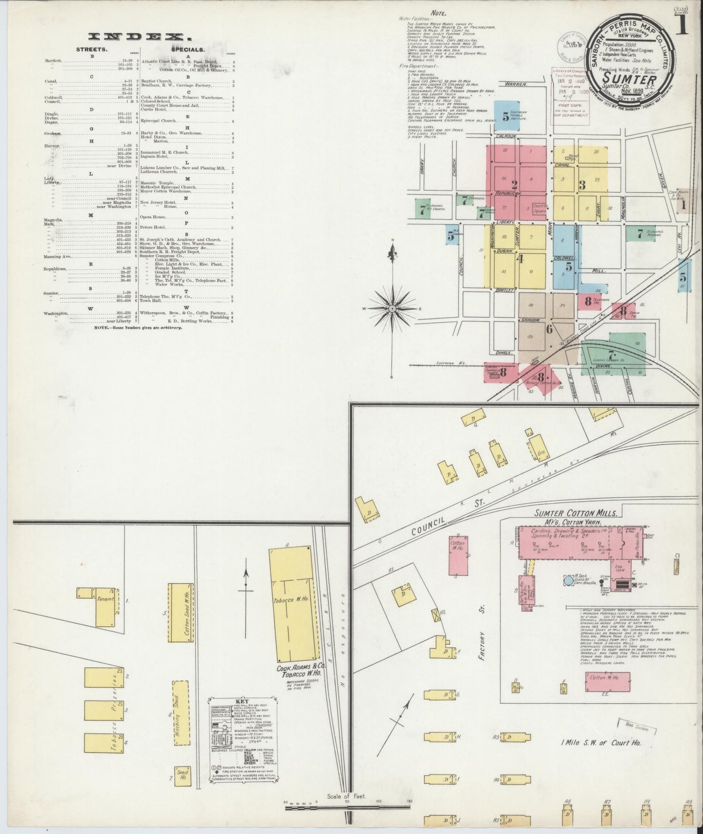 Sanborn Fire Insurance Map from Sumter, Sumter County, South Carolina (1899), Sheet #0001 - Historic Sanborn Fire Insurance Map Print, vintage old map wall art, antique decor, genealogy gift, South Carolina South Carolina map