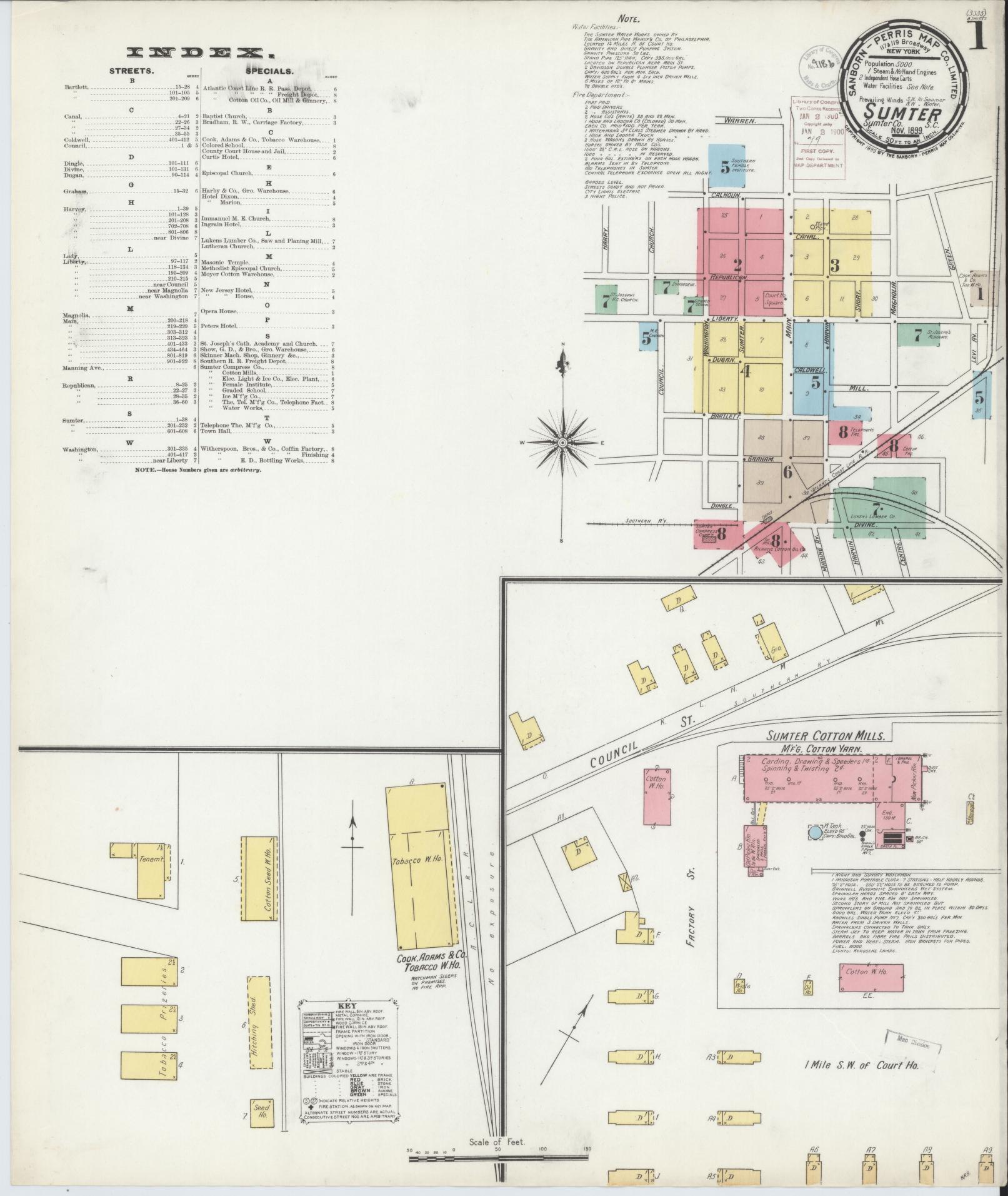Sanborn Fire Insurance Map from Sumter, Sumter County, South Carolina (1899), Sheet #0001 - Historic Sanborn Fire Insurance Map Print, vintage old map wall art, antique decor, genealogy gift, South Carolina South Carolina map