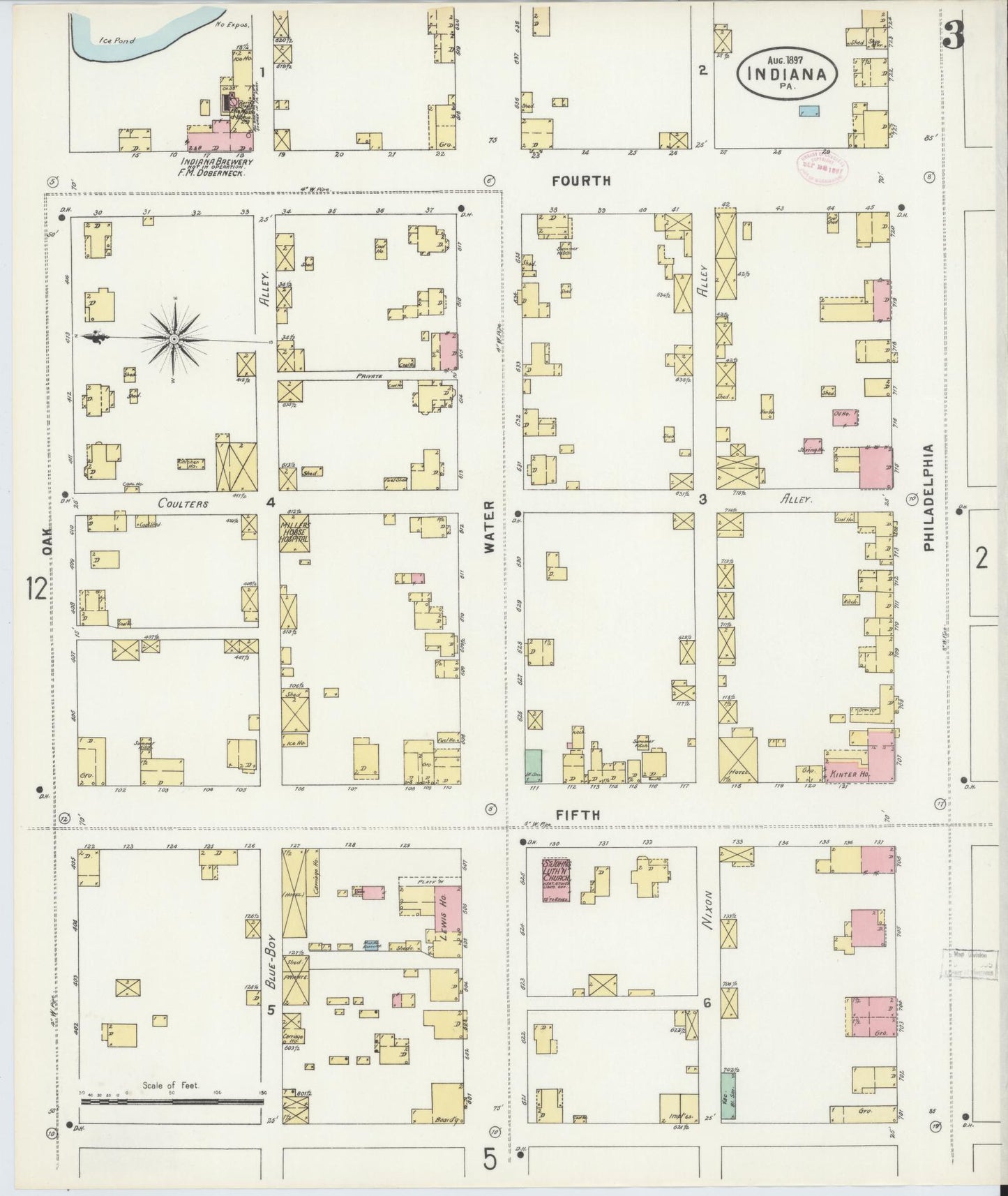 Sanborn Fire Insurance Map from Indiana, Indiana County, Pennsylvania (1888), Sheet #0003 - Historic Sanborn Fire Insurance Map Print, vintage old map wall art, antique decor, genealogy gift, Pennsylvania Pennsylvania map