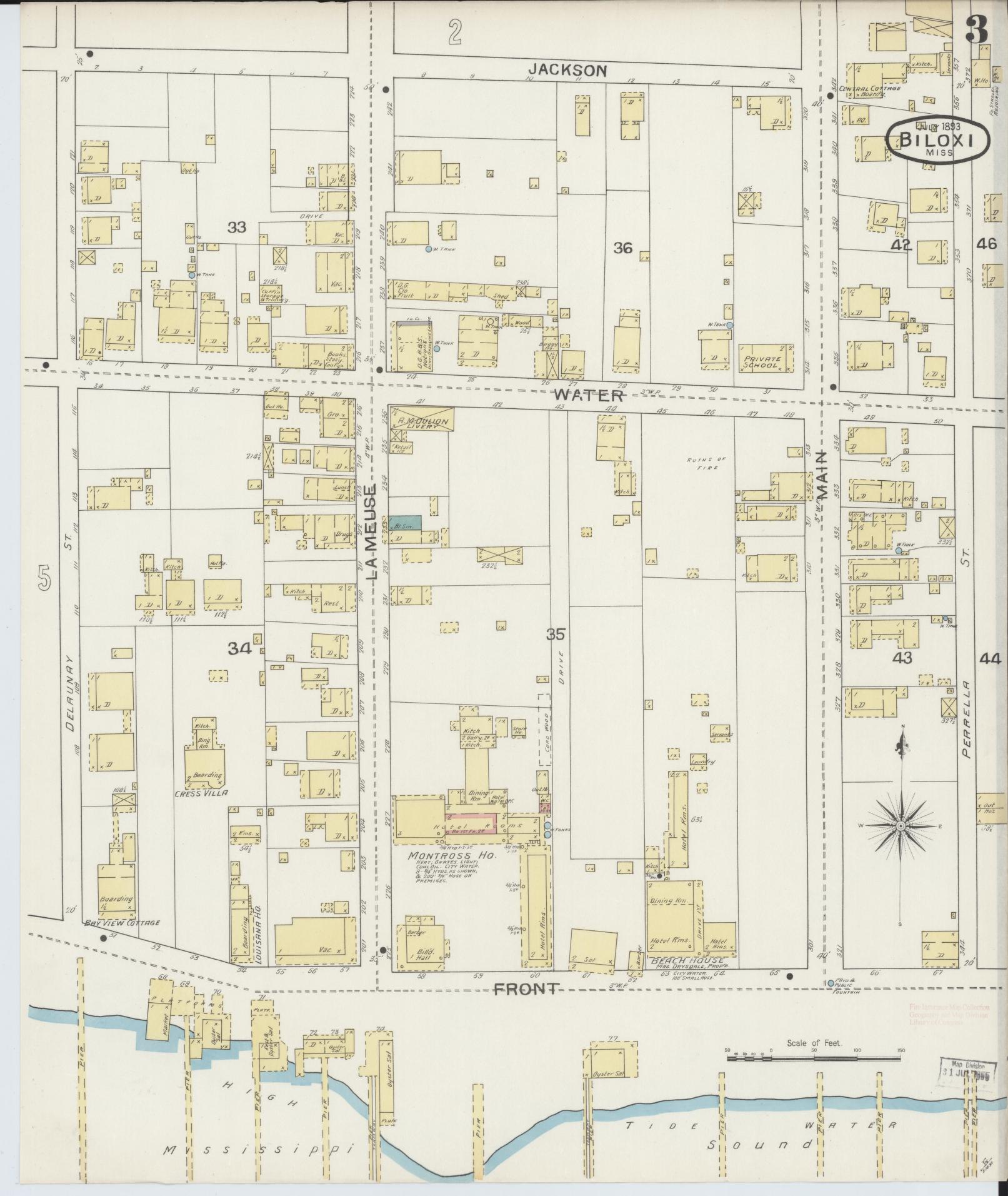 Sanborn Fire Insurance Map from Biloxi, Harrison County, Mississippi (1893), Sheet #0003 - Historic Sanborn Fire Insurance Map Print, vintage old map wall art, antique decor, genealogy gift, Mississippi Mississippi map