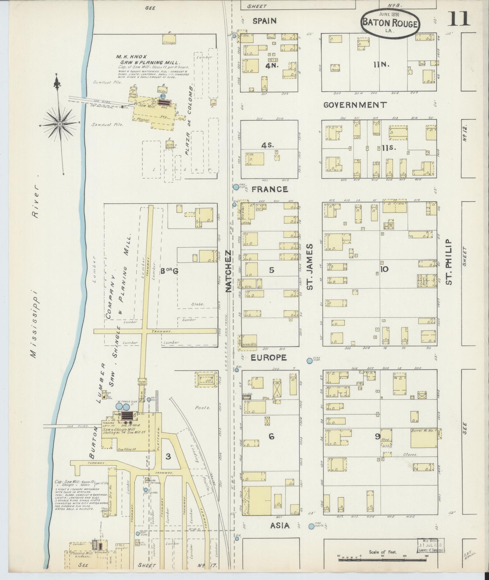 Sanborn Fire Insurance Map from Baton Rouge, East Baton Rouge Parish, Louisiana (1891), Sheet #0011 - Complete Map Set gallery image, historic Sanborn map, vintage wall art, Louisiana Louisiana