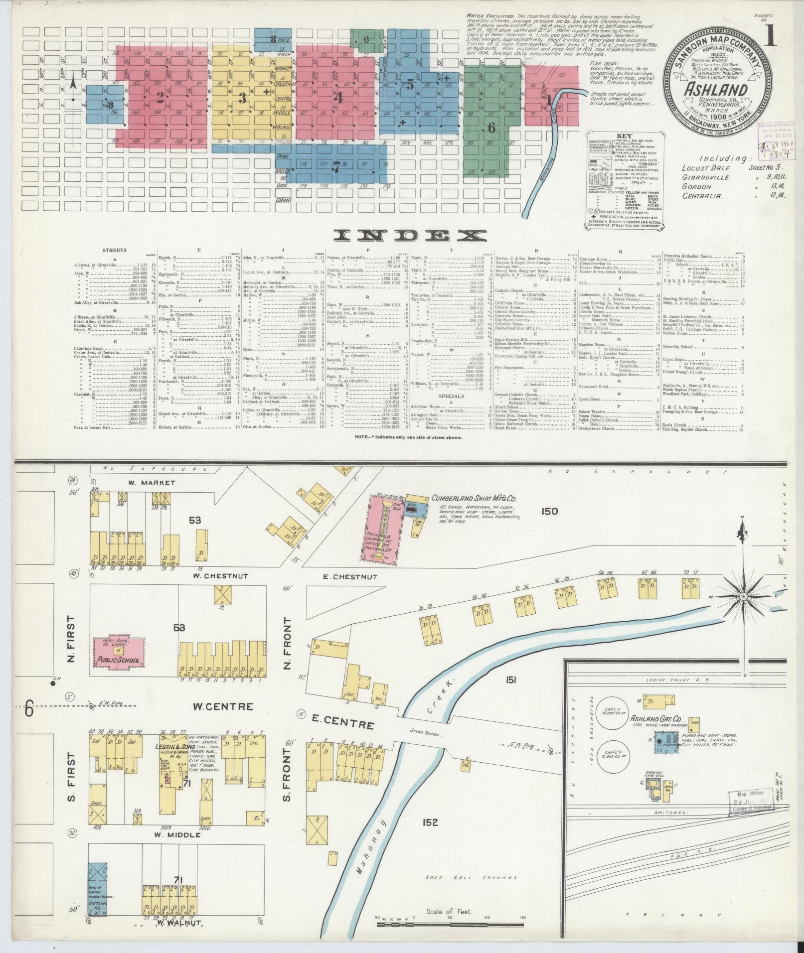 Sanborn Fire Insurance Map from Ashland, Schuylkill County, Pennsylvania (1908), Sheet #0001 - Historic Sanborn Fire Insurance Map Print, vintage old map wall art, antique decor, genealogy gift, Pennsylvania Pennsylvania map