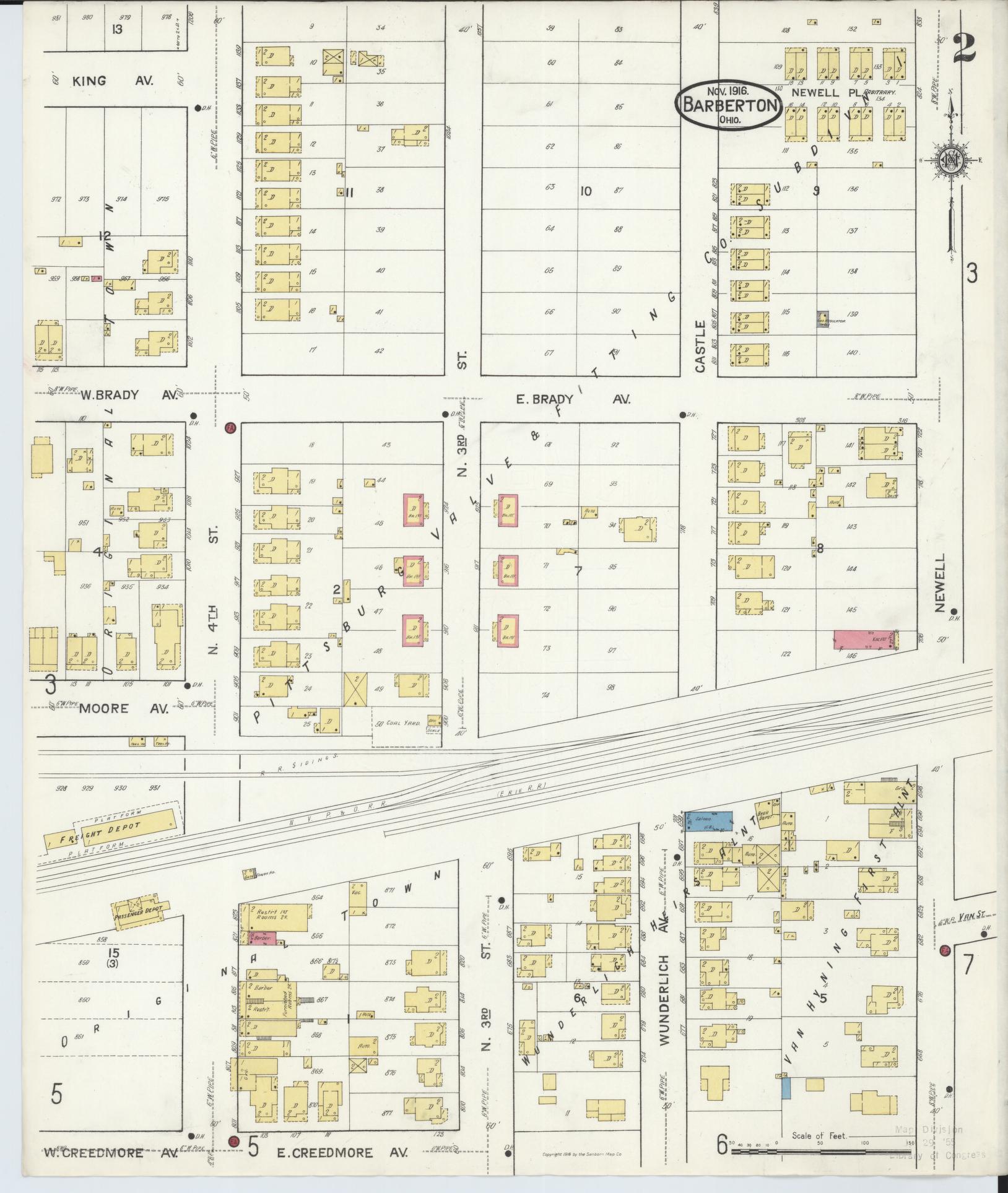 Sanborn Fire Insurance Map from Barberton, Summit County, Ohio (1916), Sheet #0002 - Historic Sanborn Fire Insurance Map Print, vintage old map wall art, antique decor, genealogy gift, Ohio Ohio map