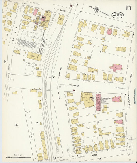 Sanborn Fire Insurance Map from Warren, Warren County, Pennsylvania (1912), Sheet #0013 - Historic Sanborn Fire Insurance Map Print, vintage old map wall art, antique decor, genealogy gift, Pennsylvania Pennsylvania map
