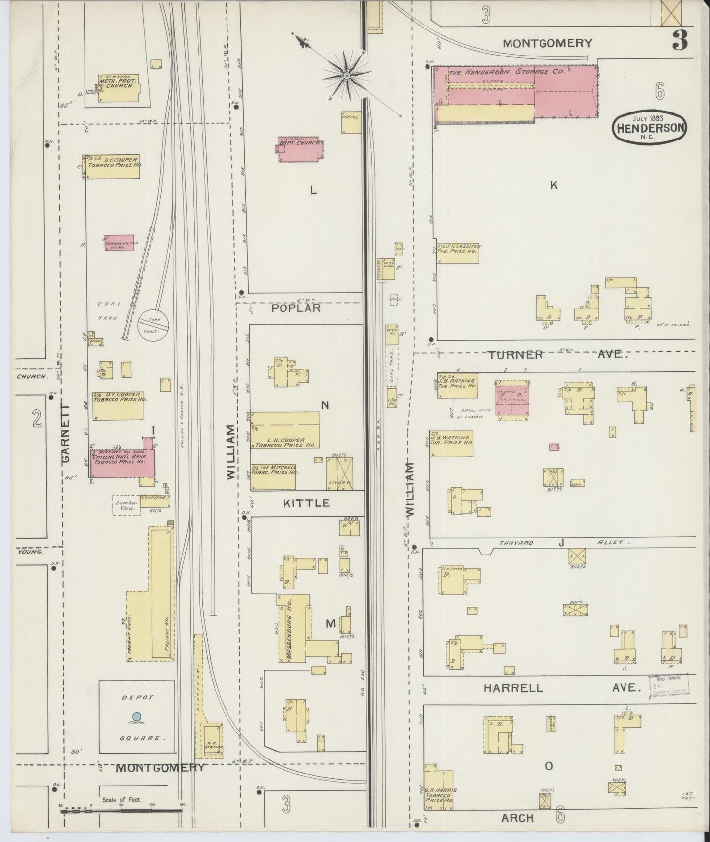 Sanborn Fire Insurance Map from Henderson, Vance County, North Carolina (1893), Sheet #0003 - Complete Map Set gallery image, historic Sanborn map, vintage wall art, North Carolina North Carolina