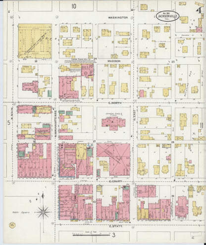 Sanborn Fire Insurance Map from Jacksonville, Morgan County, Illinois (1905), Sheet #0004 - Historic Sanborn Fire Insurance Map Print, vintage old map wall art, antique decor, genealogy gift, Illinois Illinois map