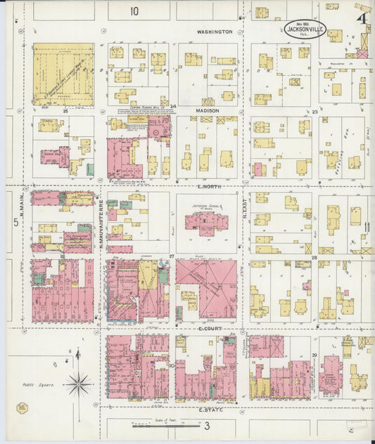Sanborn Fire Insurance Map from Jacksonville, Morgan County, Illinois (1905), Sheet #0004 - Historic Sanborn Fire Insurance Map Print, vintage old map wall art, antique decor, genealogy gift, Illinois Illinois map
