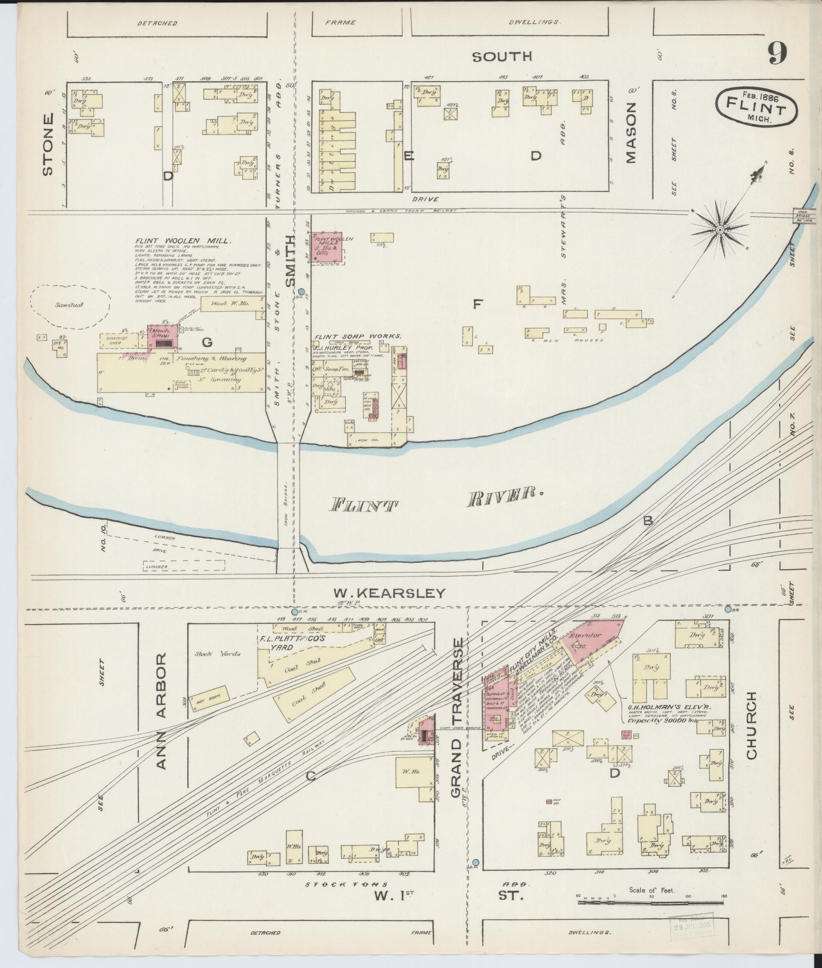 Sanborn Fire Insurance Map from Flint, Genesee County, Michigan (1886), Sheet #0009 - Historic Sanborn Fire Insurance Map Print, vintage old map wall art, antique decor, genealogy gift, Michigan Michigan map