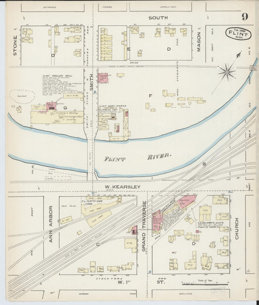 Sanborn Fire Insurance Map from Flint, Genesee County, Michigan (1886), Sheet #0009 - Historic Sanborn Fire Insurance Map Print, vintage old map wall art, antique decor, genealogy gift, Michigan Michigan map