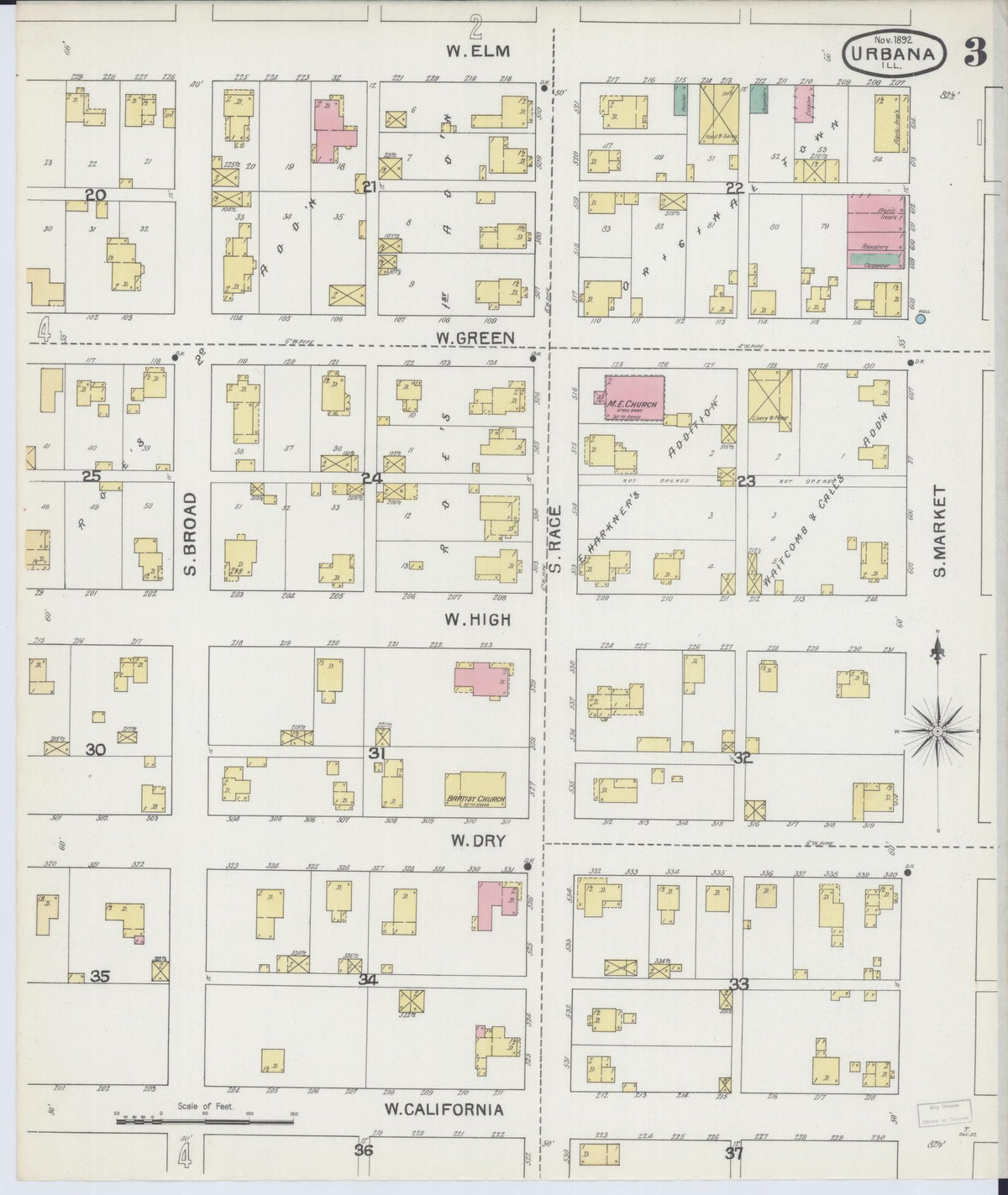 Sanborn Fire Insurance Map from Urbana, Champaign County, Illinois (1892), Sheet #0003 - Historic Sanborn Fire Insurance Map Print, vintage old map wall art, antique decor, genealogy gift, Illinois Illinois map
