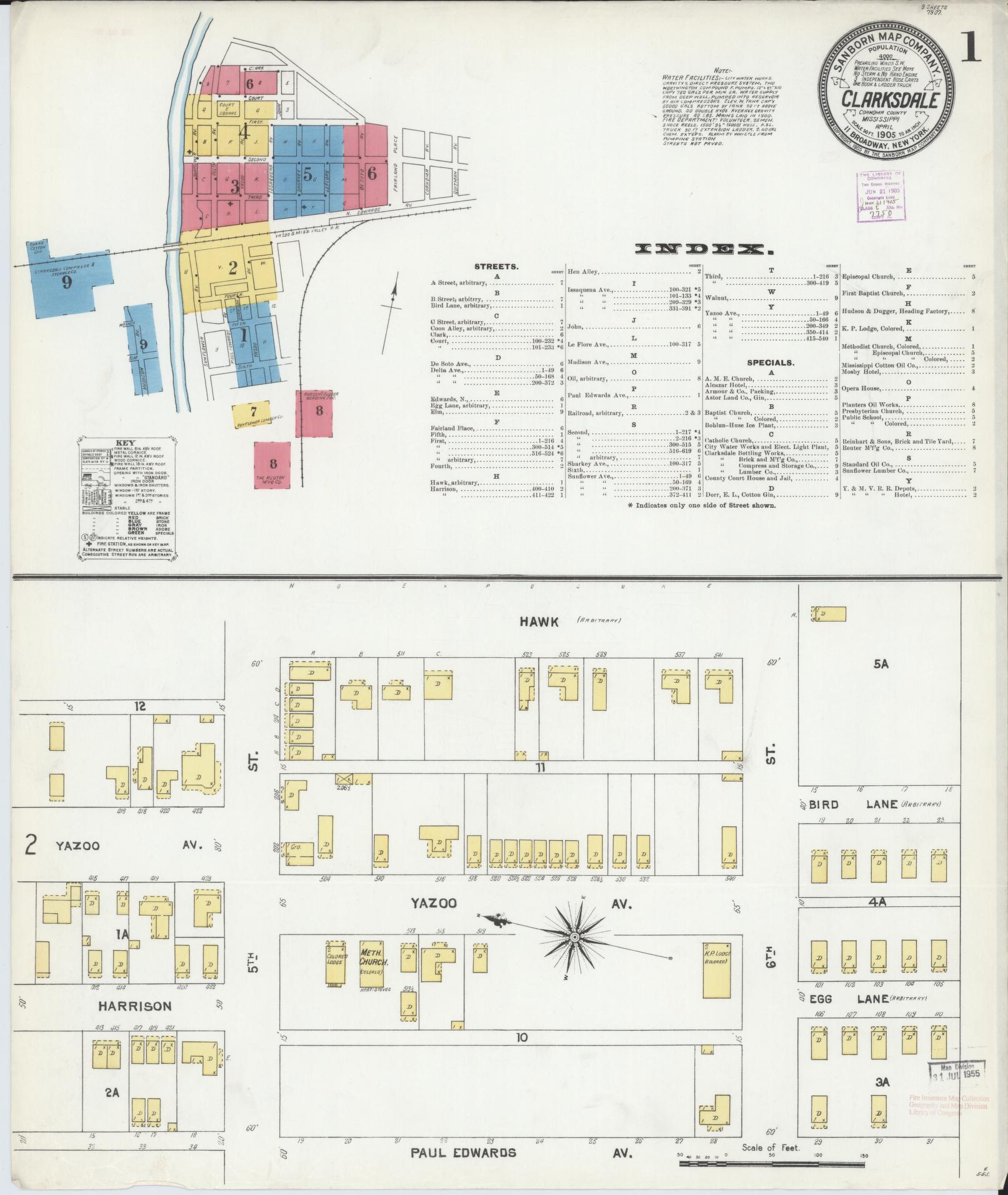 Sanborn Fire Insurance Map from Clarksdale, Coahoma County, Mississippi (1905), Sheet #0001 - Complete Map Set gallery image, historic Sanborn map, vintage wall art, Mississippi Mississippi