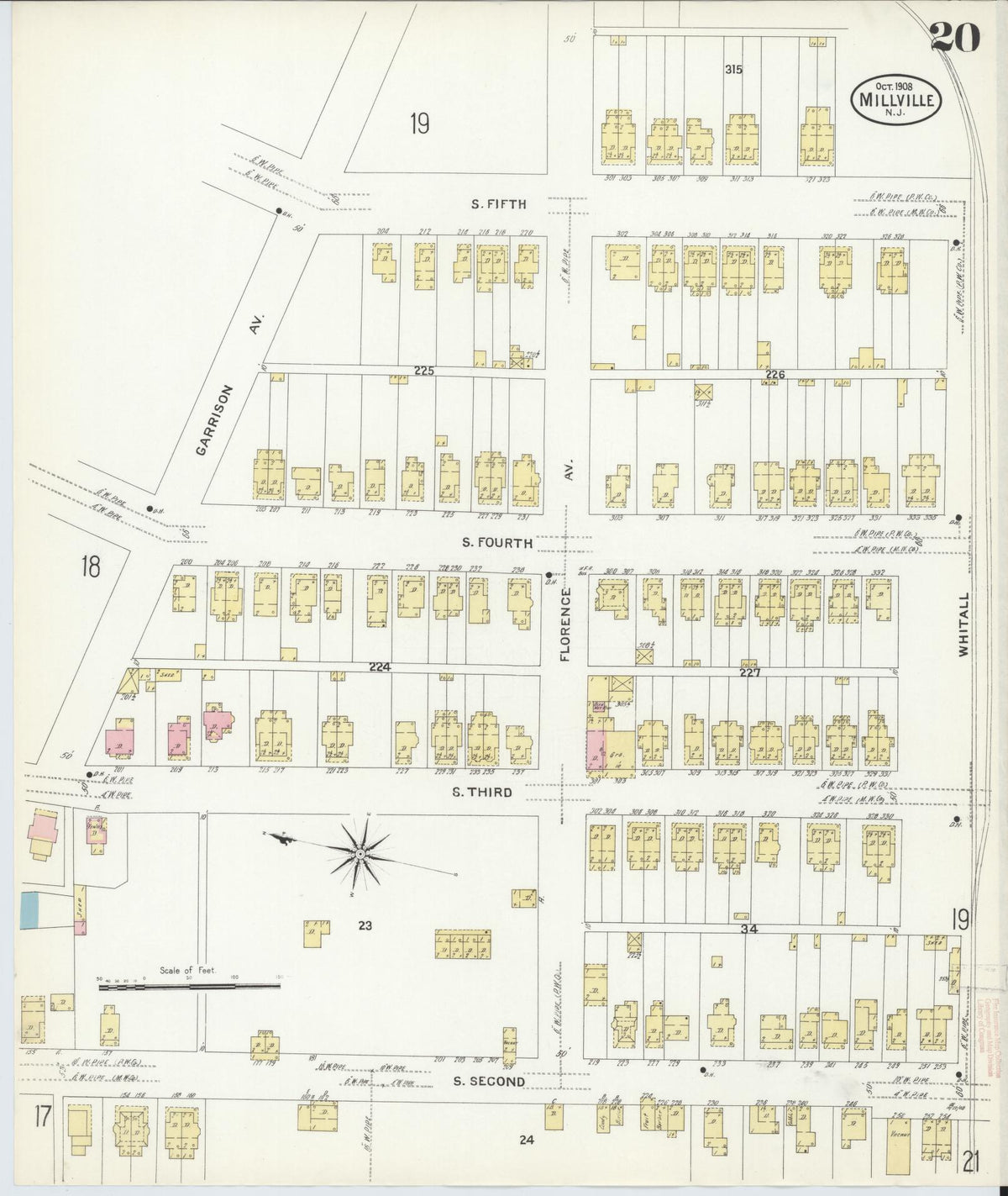 Sanborn Fire Insurance Map from Millville, Cumberland County, New Jersey (1908), Sheet #0020 - Historic Sanborn Fire Insurance Map Print, vintage old map wall art, antique decor, genealogy gift, New Jersey New Jersey map
