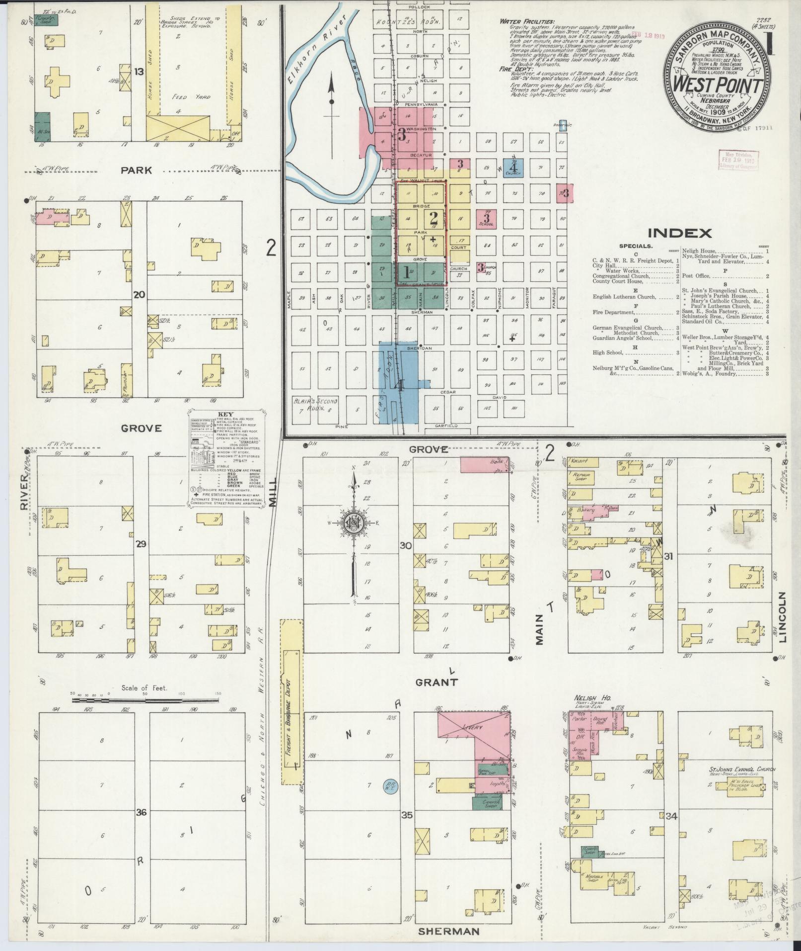 Sanborn Fire Insurance Map from West Point, Cuming County, Nebraska (1909), Sheet #0001 - Complete Map Set gallery image, historic Sanborn map, vintage wall art, Nebraska Nebraska