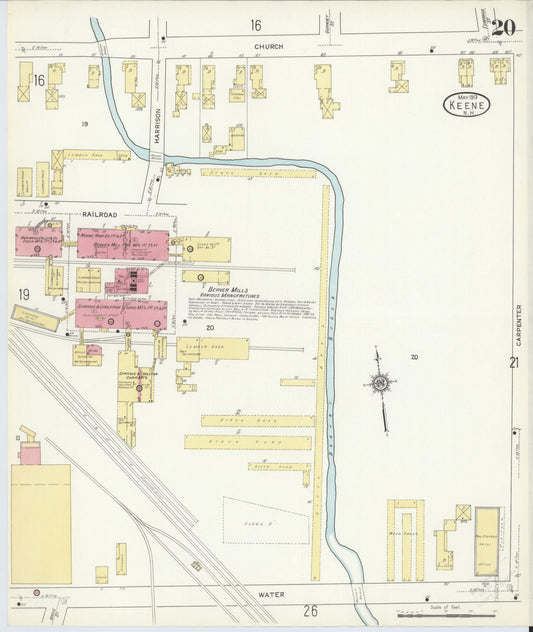 Sanborn Fire Insurance Map from Keene, Cheshire County, New Hampshire (1913), Sheet #0020 - Historic Sanborn Fire Insurance Map Print, vintage old map wall art, antique decor, genealogy gift, New Hampshire New Hampshire map
