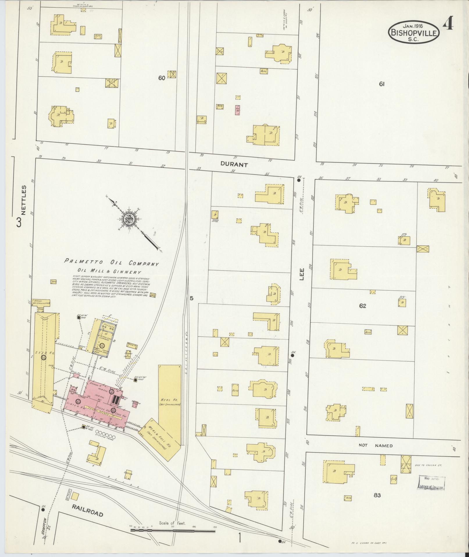 Sanborn Fire Insurance Map from Bishopville, Lee County, South Carolina (1916), Sheet #0004 - Complete Map Set gallery image, historic Sanborn map, vintage wall art, South Carolina South Carolina