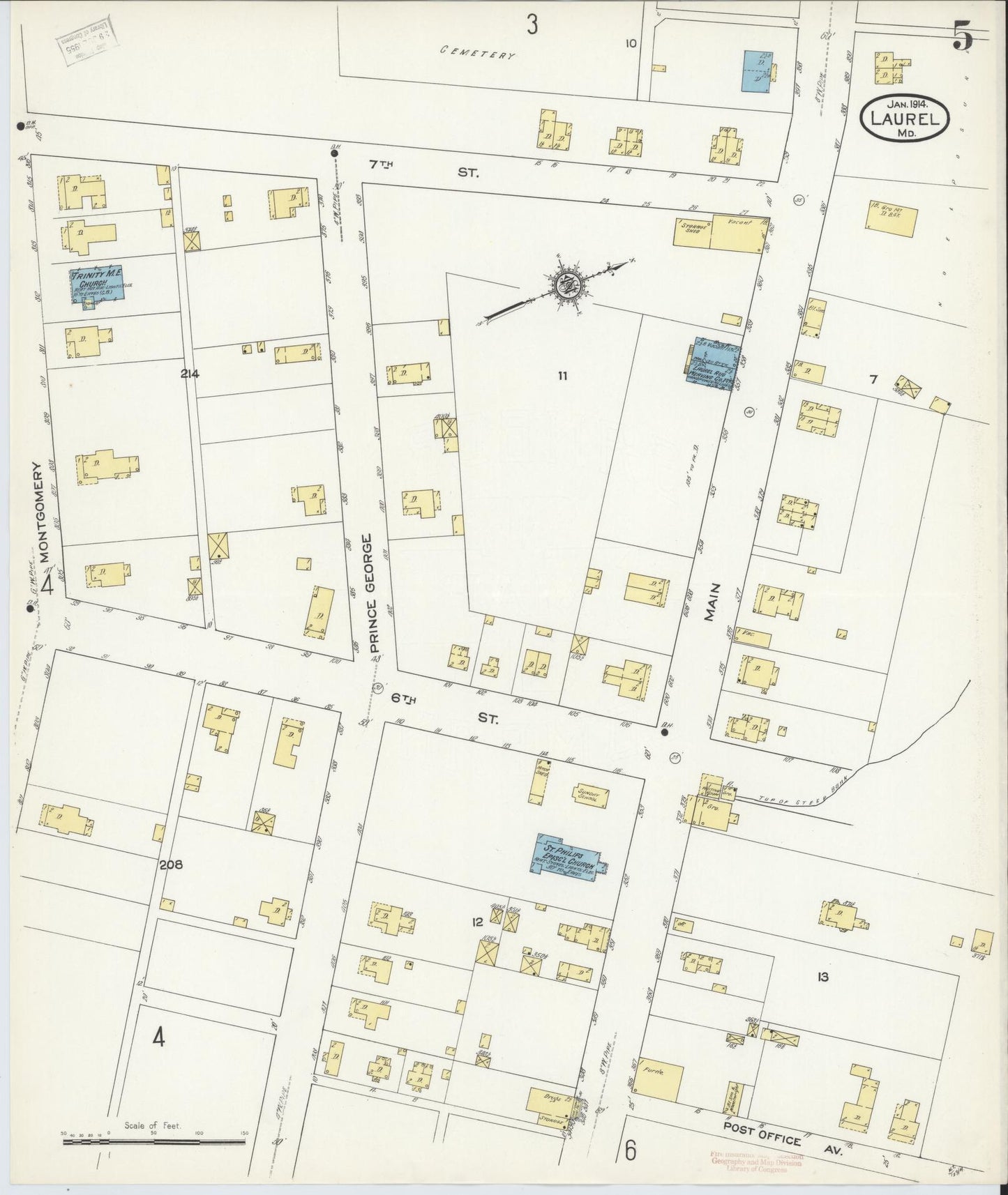 Sanborn Fire Insurance Map from Laurel, Prince Georges County, Maryland (1914), Sheet #0005 - Historic Sanborn Fire Insurance Map Print, vintage old map wall art