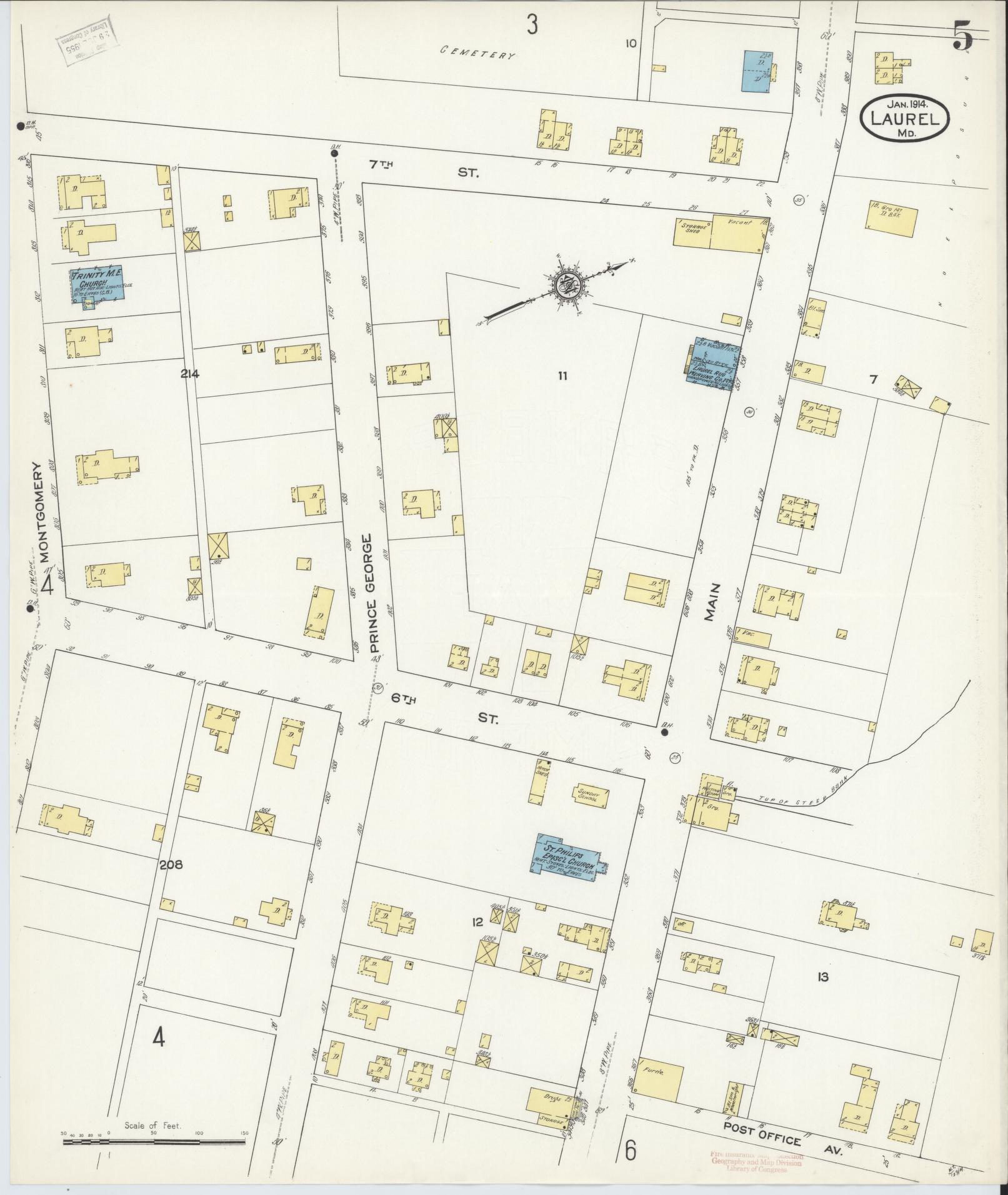 Sanborn Fire Insurance Map from Laurel, Prince Georges County, Maryland (1914), Sheet #0005 - Historic Sanborn Fire Insurance Map Print, vintage old map wall art