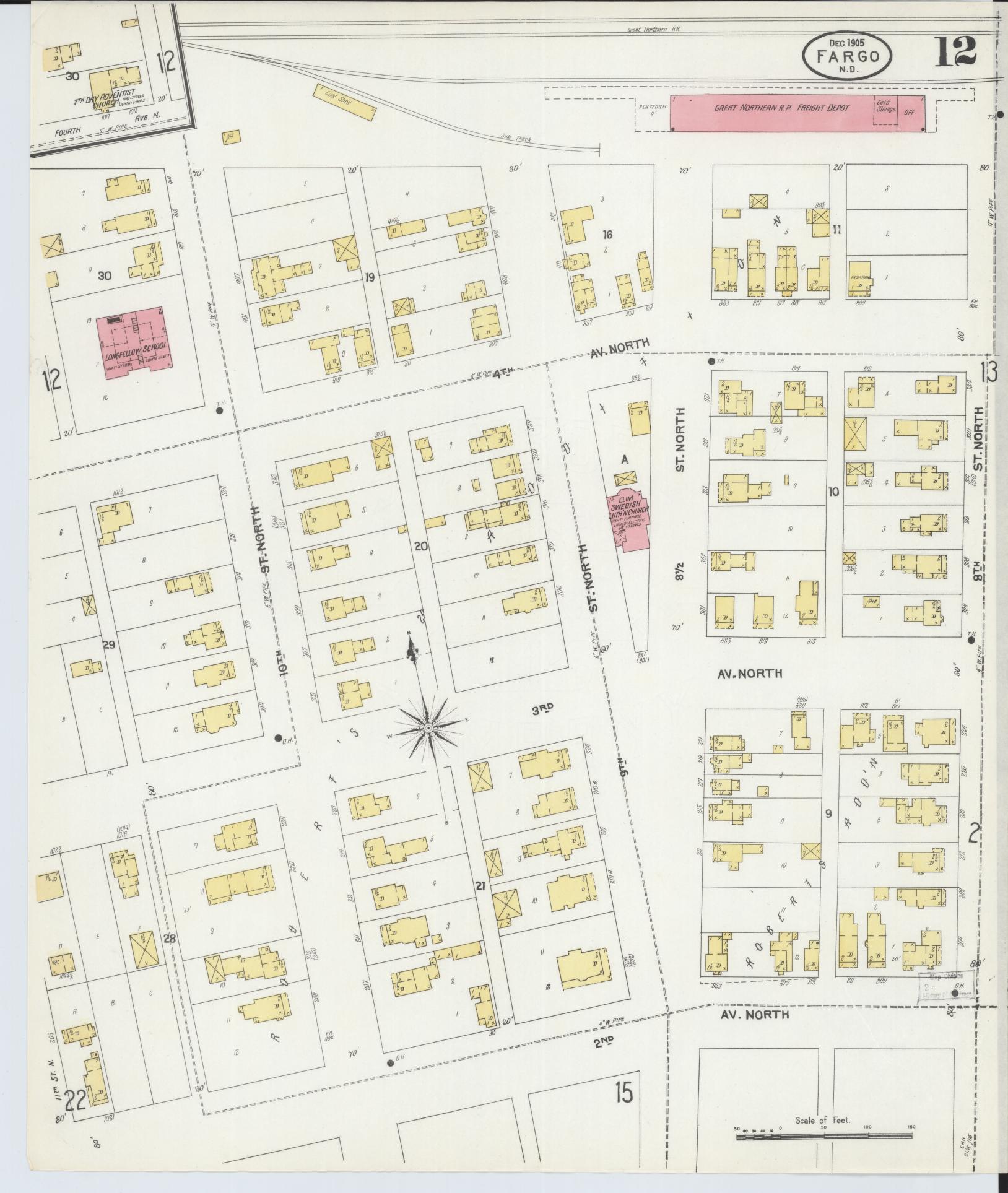 Sanborn Fire Insurance Map from Fargo, Cass County, North Dakota (1905), Sheet #0012 - Historic Sanborn Fire Insurance Map Print, vintage old map wall art, antique decor, genealogy gift, North Dakota North Dakota map