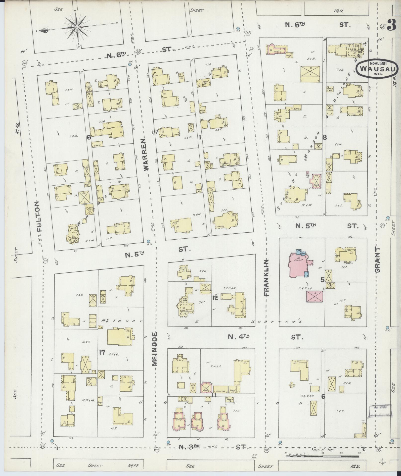 Sanborn Fire Insurance Map from Wausau, Marathon County, Wisconsin (1891), Sheet #0003 - Complete Map Set gallery image, historic Sanborn map, vintage wall art, Wisconsin Wisconsin