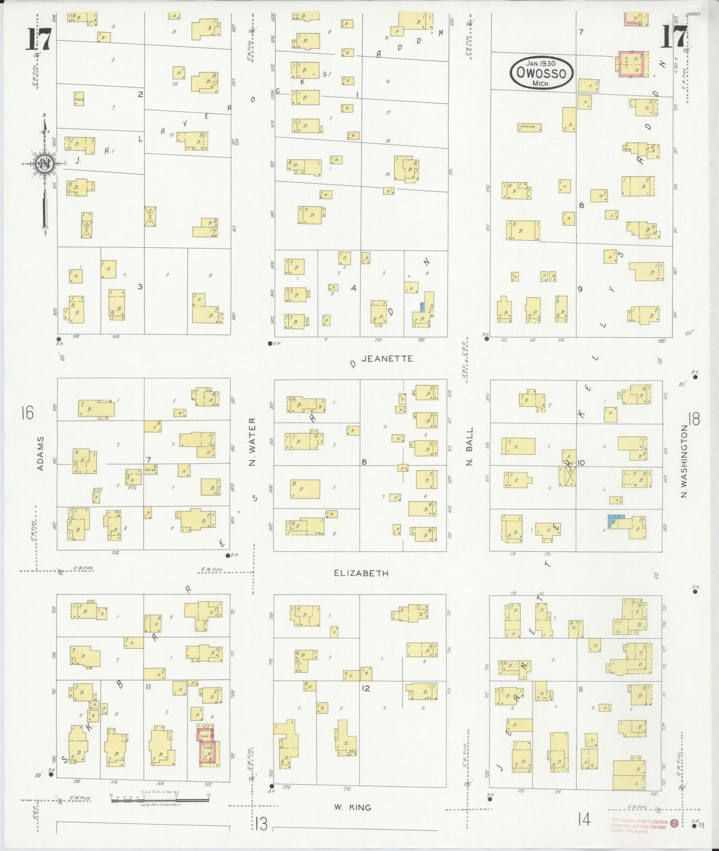 Sanborn Fire Insurance Map from Owosso, Shiawassee County, Michigan (1930), Sheet #0017 - Complete Map Set gallery image, historic Sanborn map, vintage wall art, Michigan Michigan