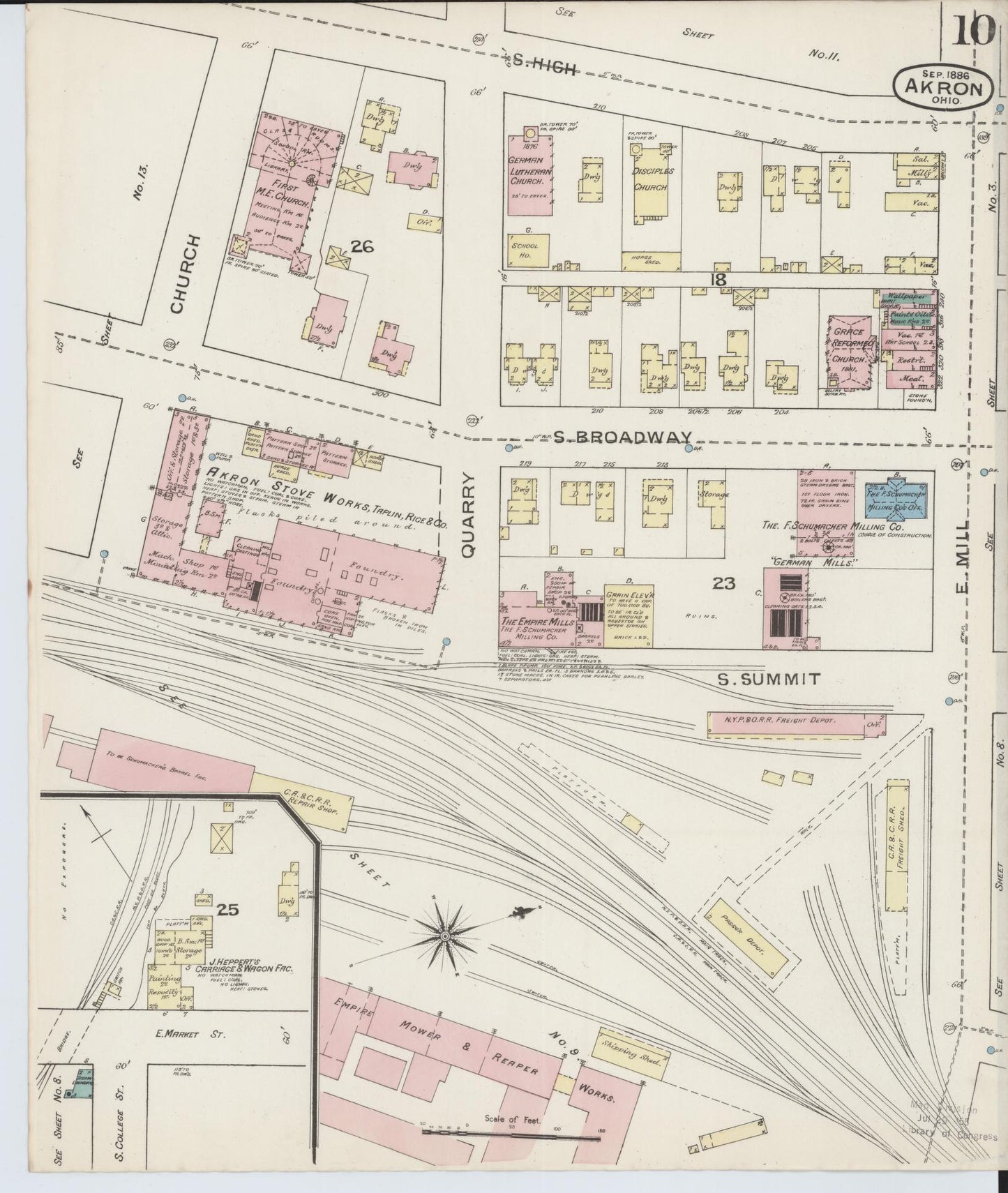 Sanborn Fire Insurance Map from Akron, Summit County, Ohio (1886), Sheet #0010 - Historic Sanborn Fire Insurance Map Print, vintage old map wall art, antique decor, genealogy gift, Ohio Ohio map