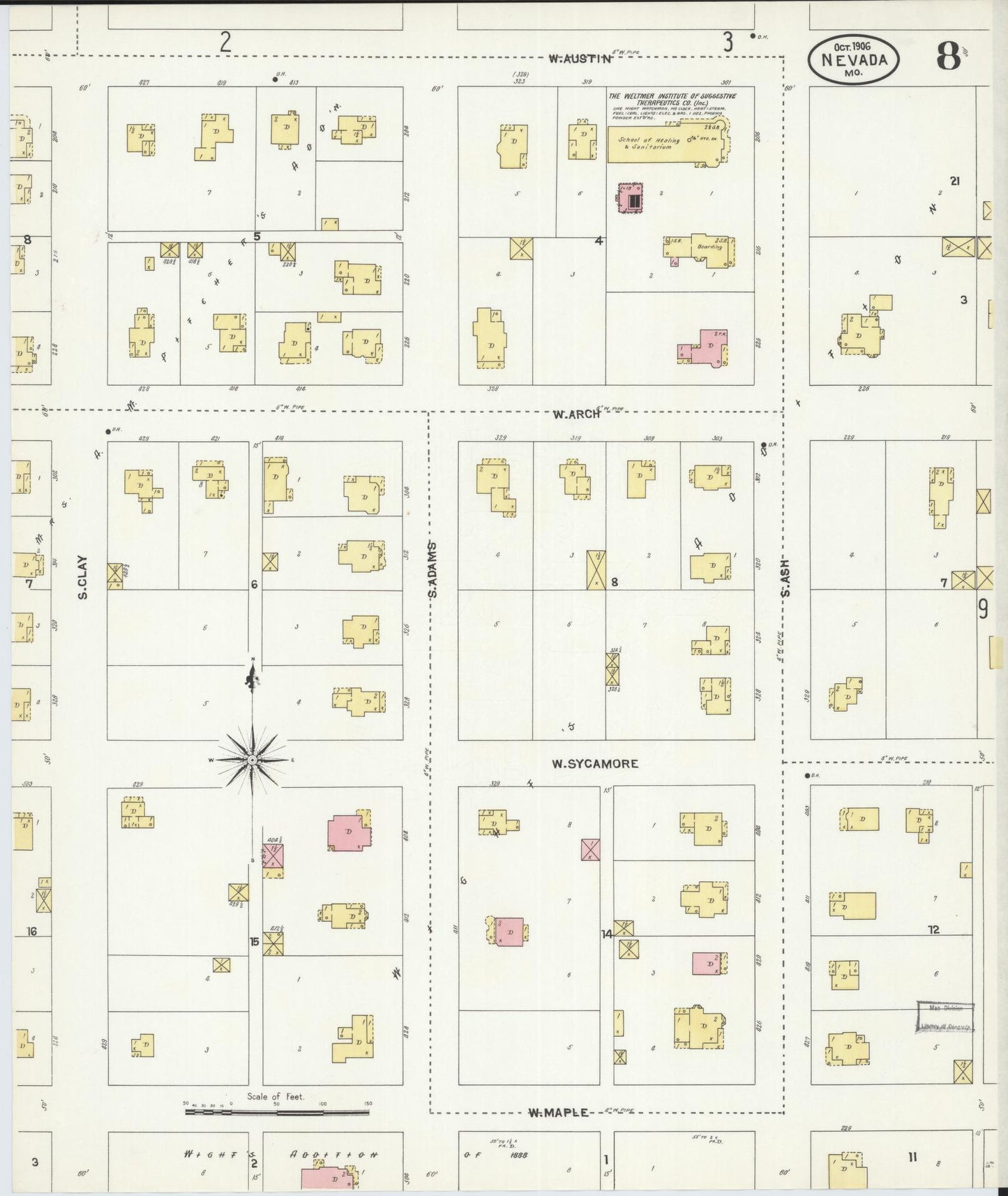 Sanborn Fire Insurance Map from Nevada, Vernon County, Missouri (1906), Sheet #0008 - Historic Sanborn Fire Insurance Map Print, vintage old map wall art, antique decor, genealogy gift, Missouri Missouri map
