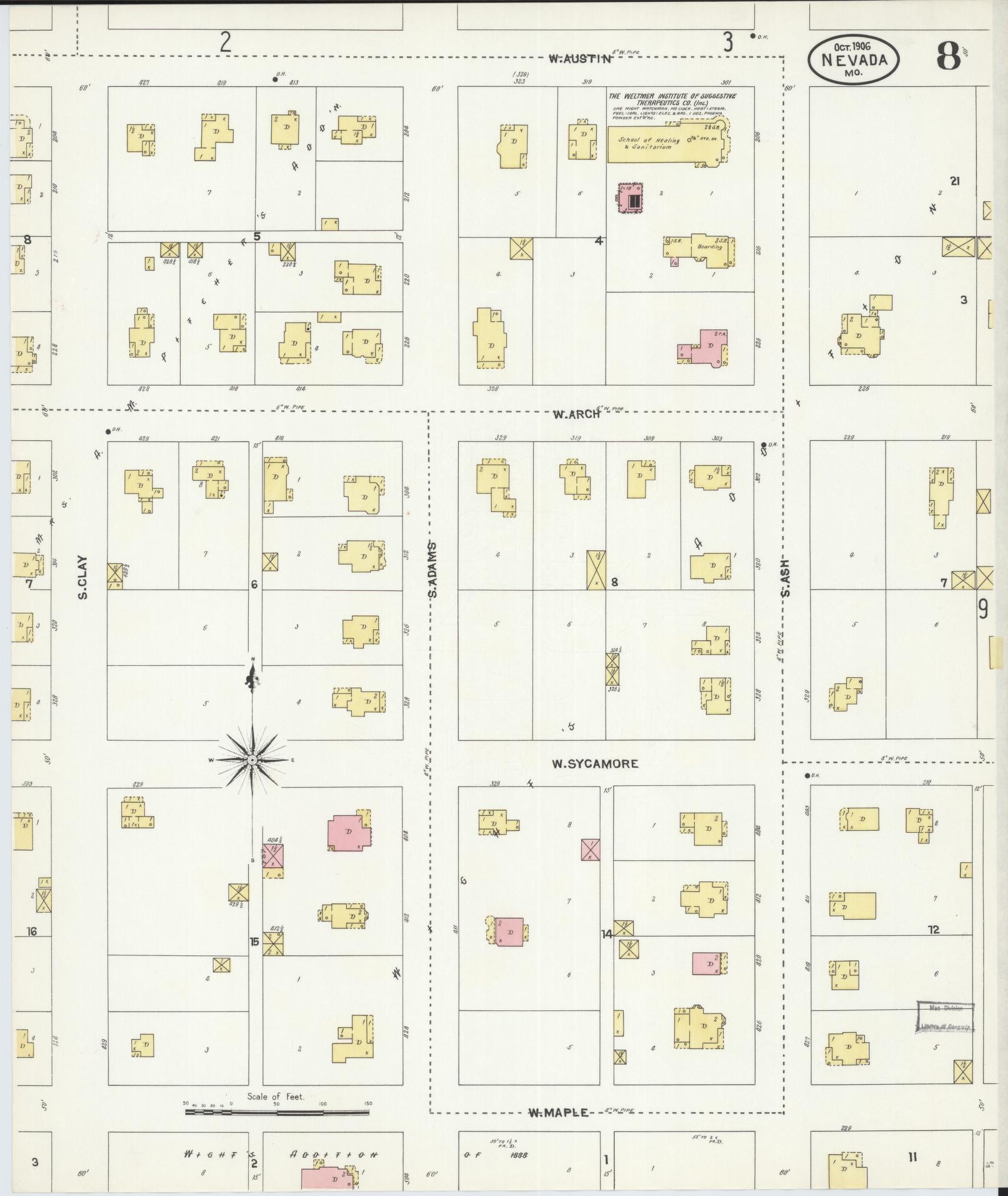 Sanborn Fire Insurance Map from Nevada, Vernon County, Missouri (1906), Sheet #0008 - Historic Sanborn Fire Insurance Map Print, vintage old map wall art, antique decor, genealogy gift, Missouri Missouri map